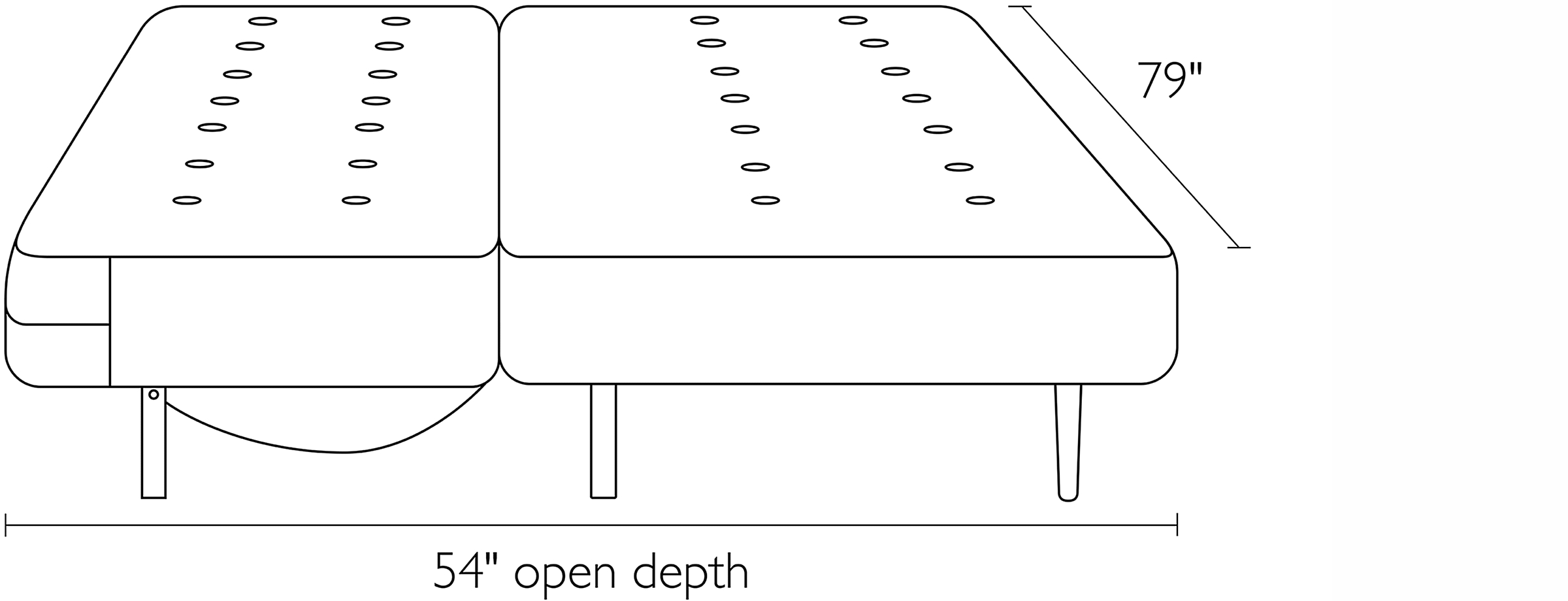 Front view dimension illustration of Deco sofa open.