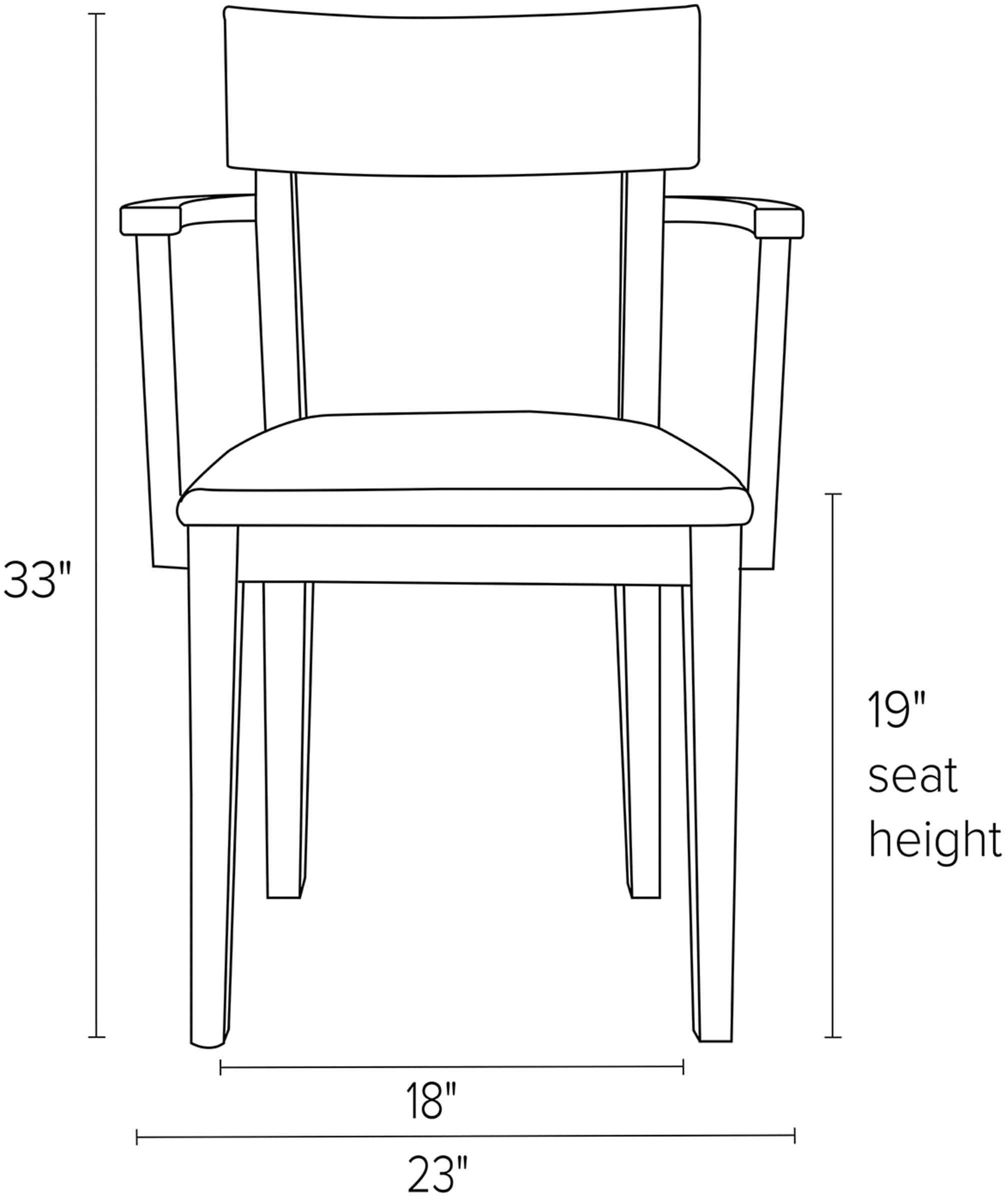 Front view dimension illustration of Doyle arm chair.