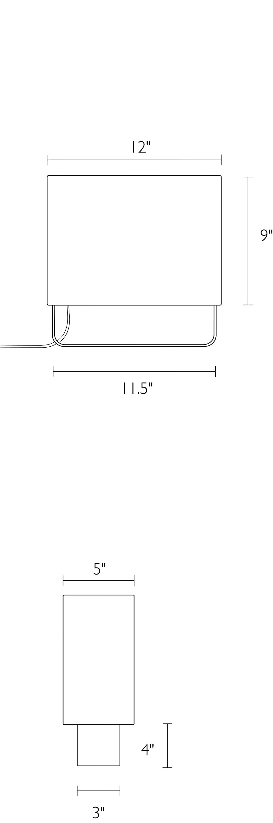 Illustration of Duo 12 wide 5 deep 13 high Table Lamp with dimensions.