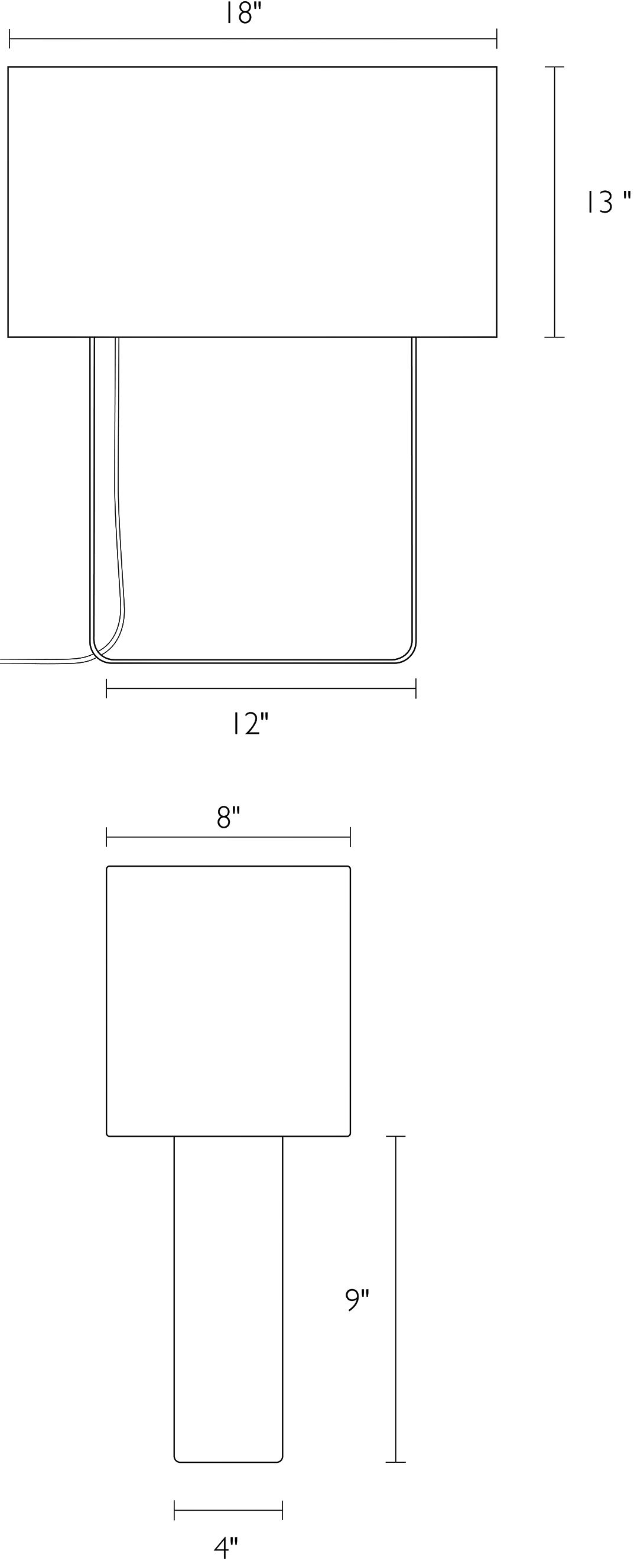 Illustration of Duo 18 wide 8 deep 23 high Table Lamp with dimensions.