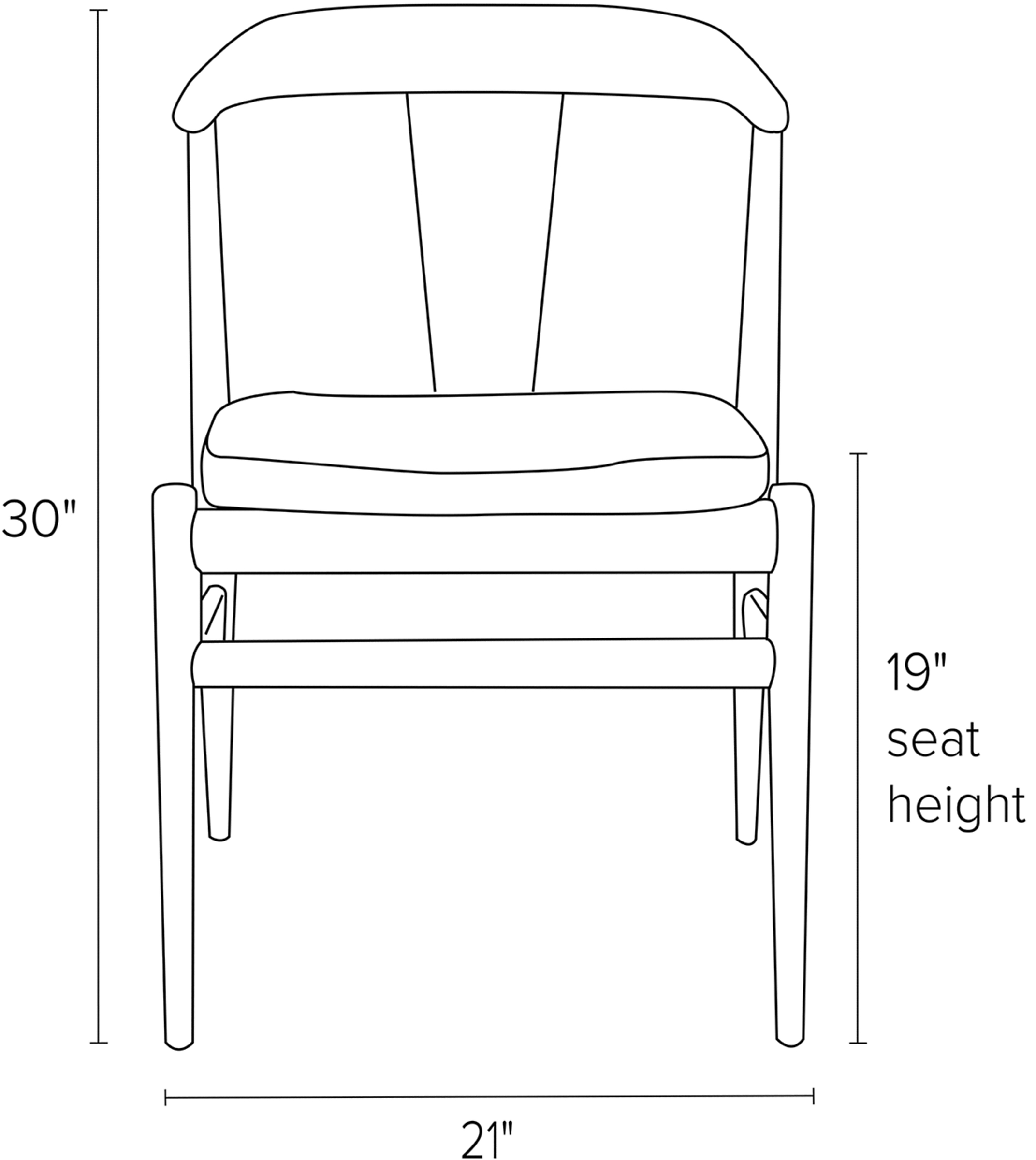 Front view dimension illustration of Evan side chair.