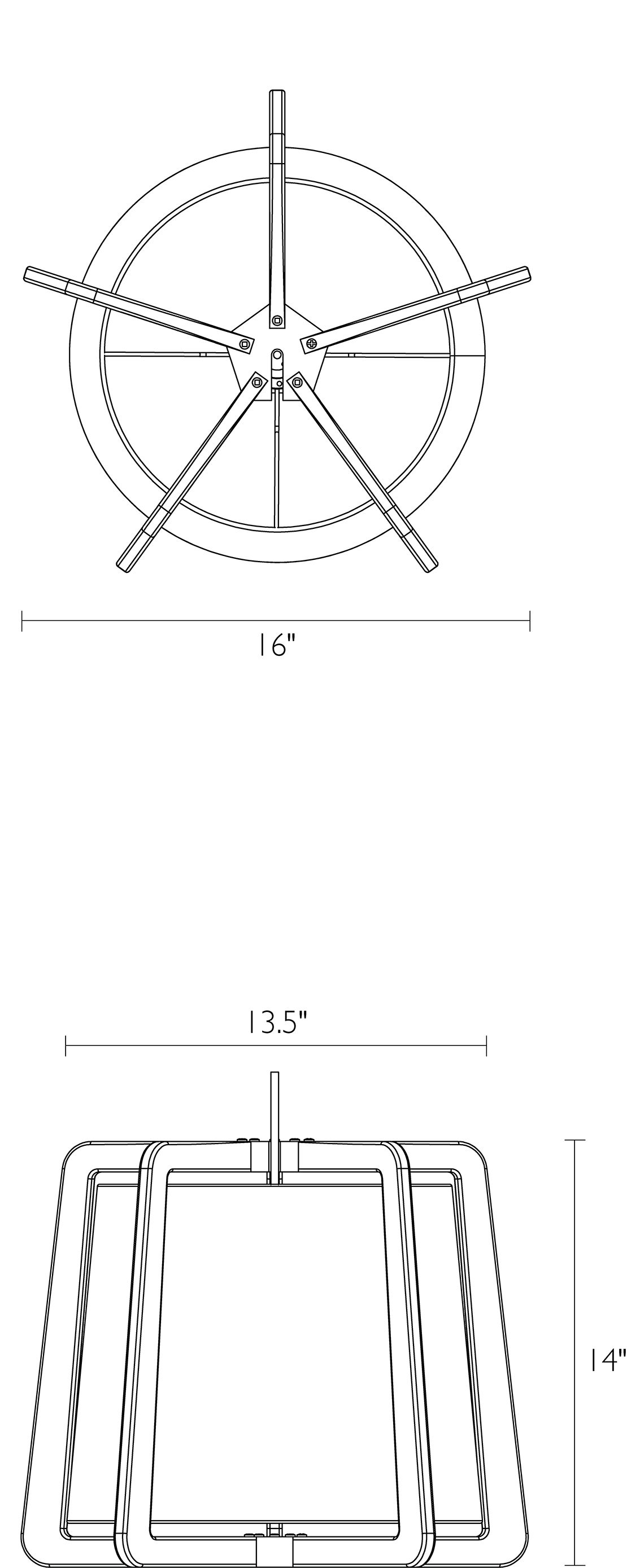 Illustration of Fairbanks 16 diameter Pendant with dimensions.