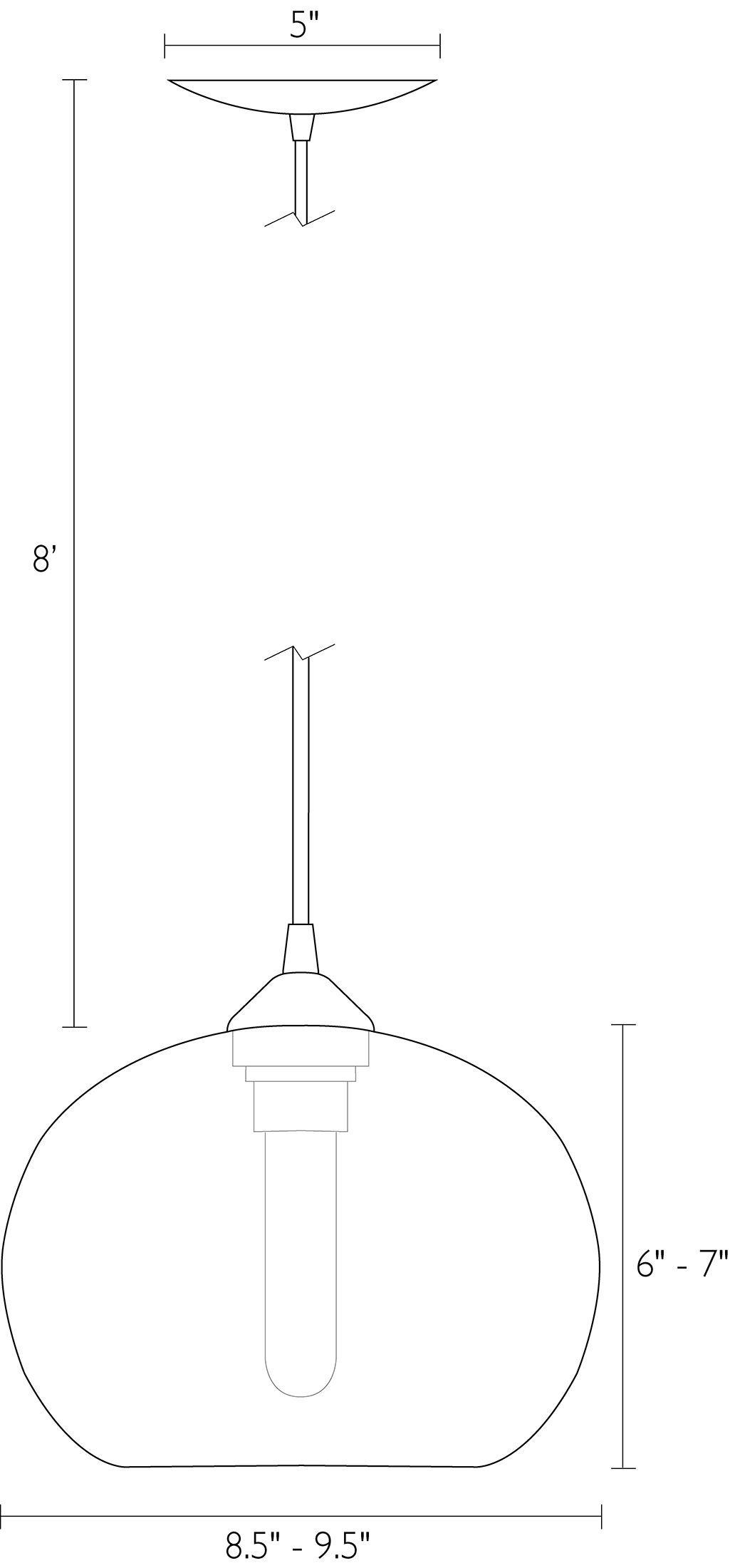 Illustration of Gale Globe Pendant with dimensions.