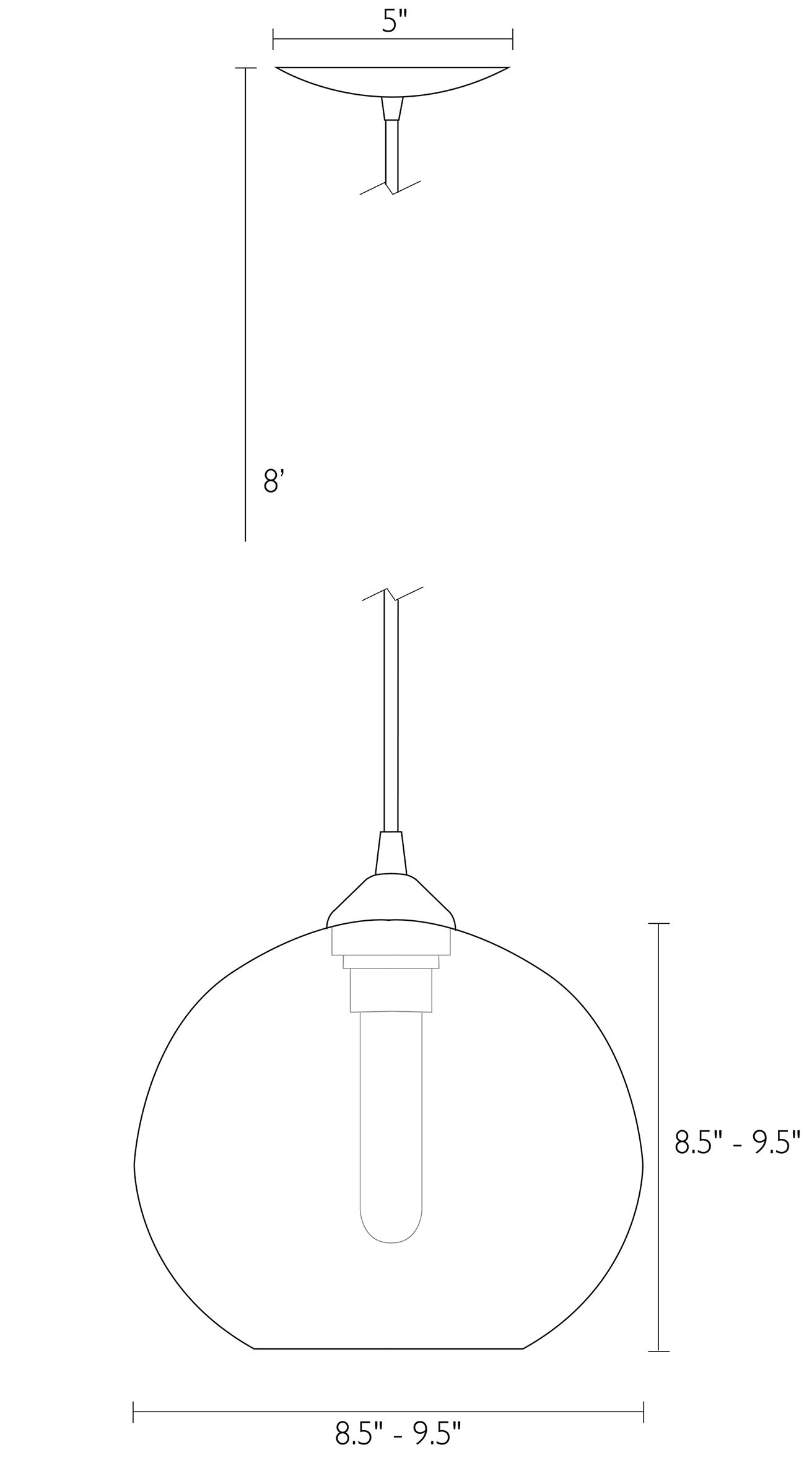 Illustration of Glow Large Globe Pendant with dimensions.