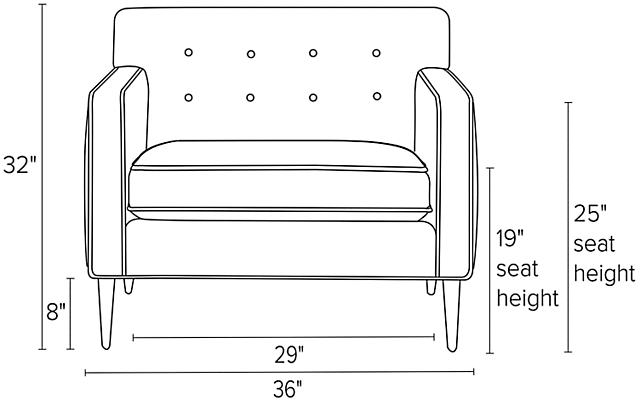 Front view dimension illustration of Holmes chair.