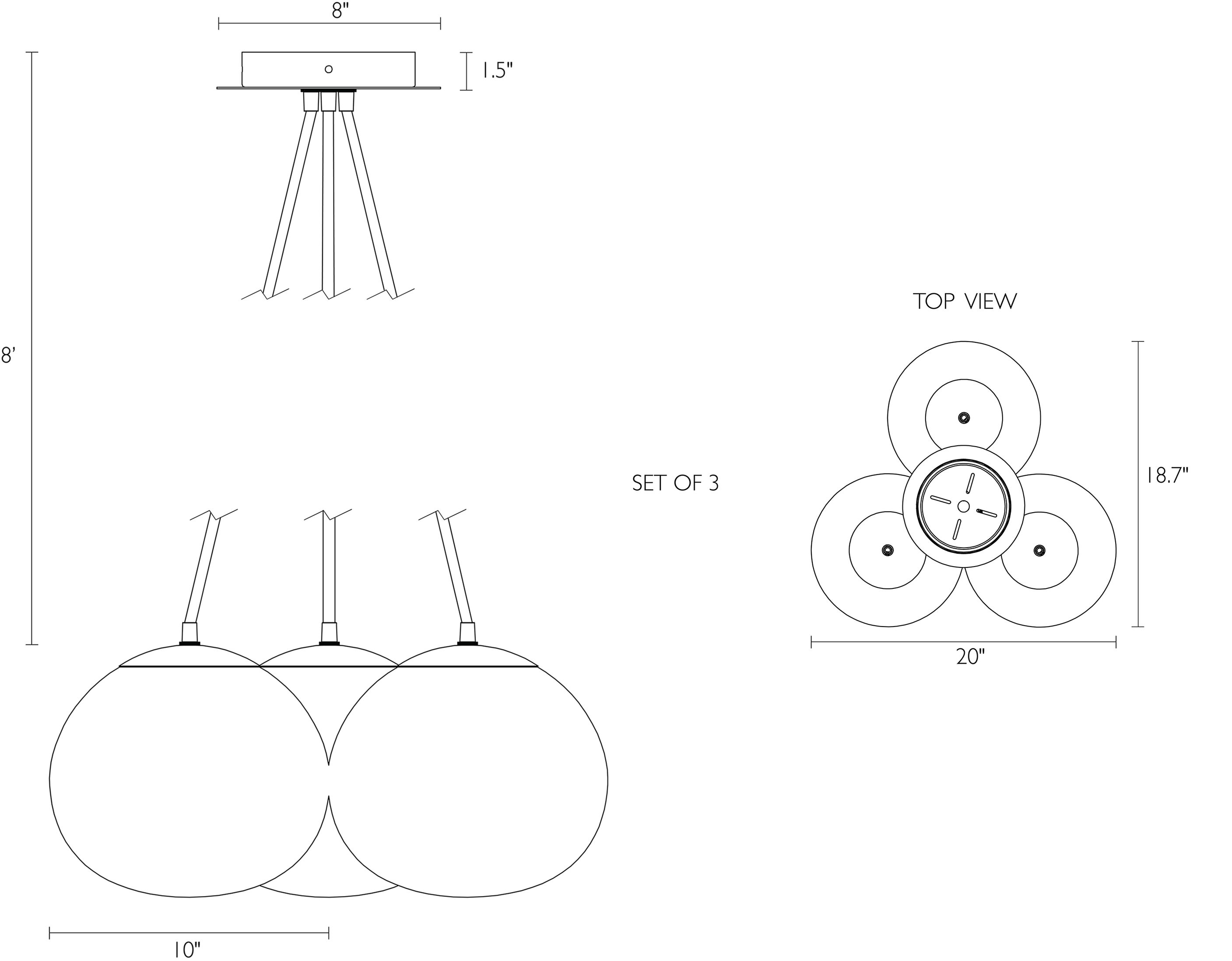 Illustration of Humboldt Globe Chandelier, Set of Three with dimensions.