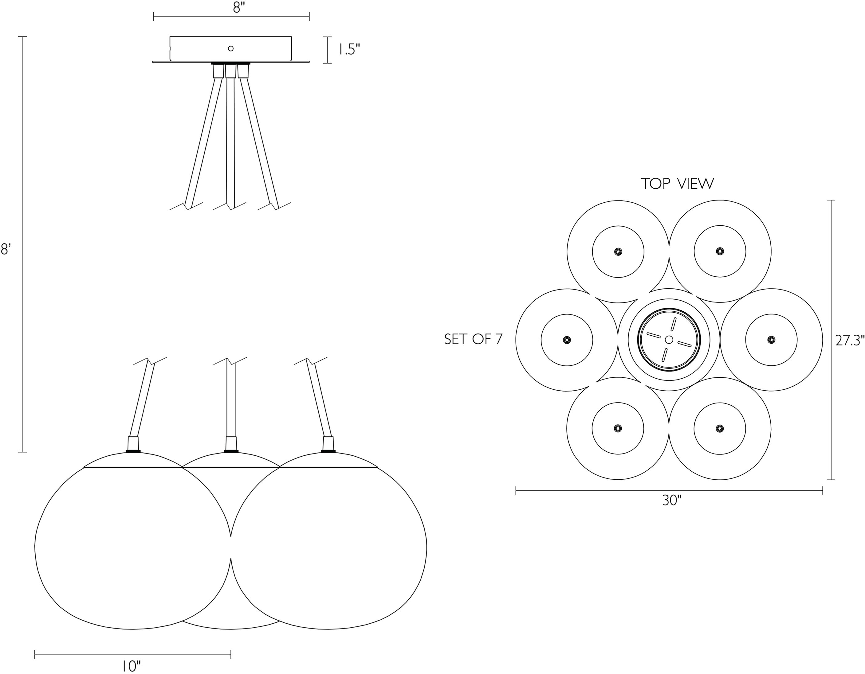 Illustration of Humboldt Globe Chandelier, Set of Seven with dimensions.