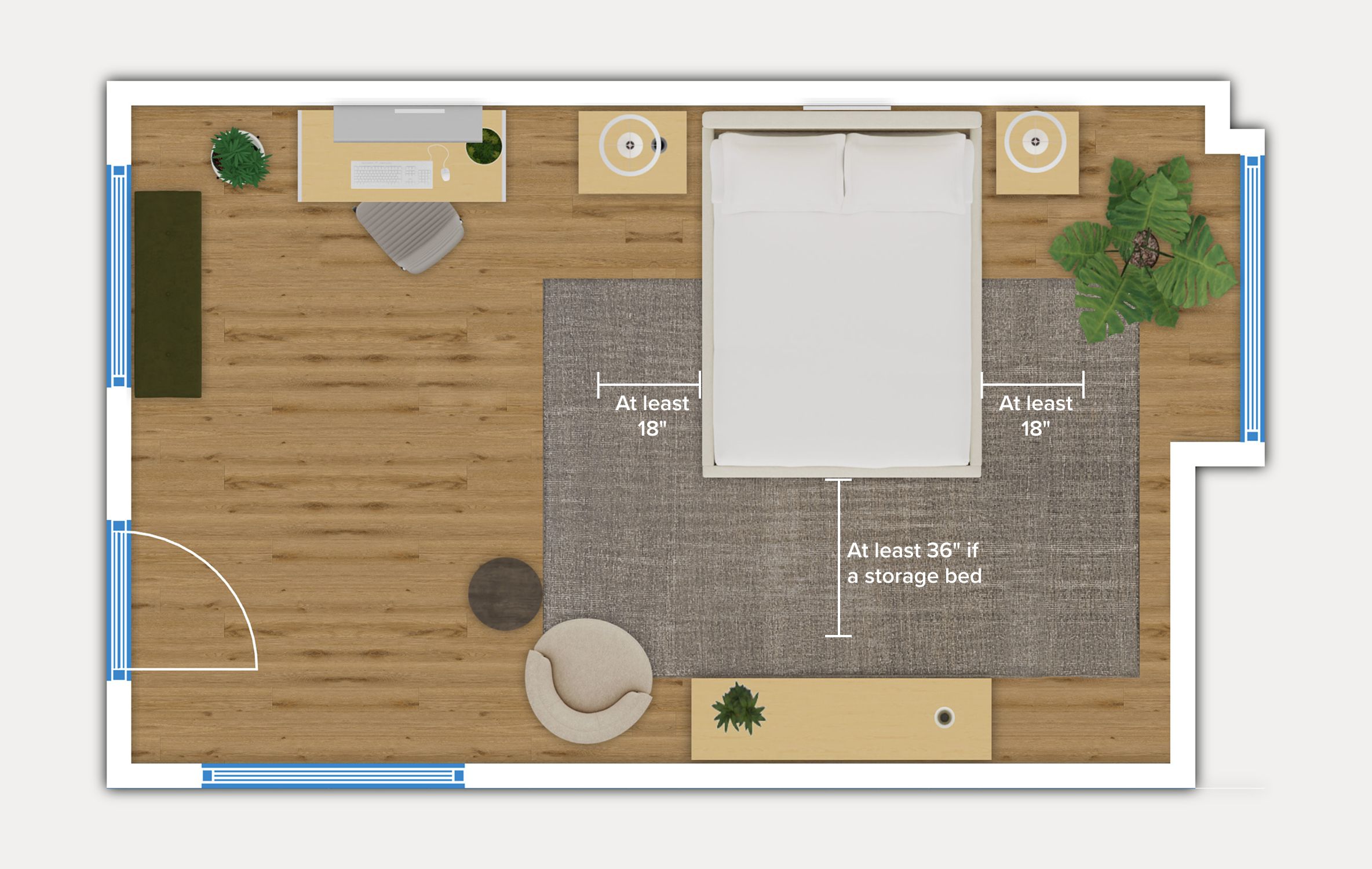 Illustration of bed with 18 inches of space on either side and 36 inches at the foot if a storage bed