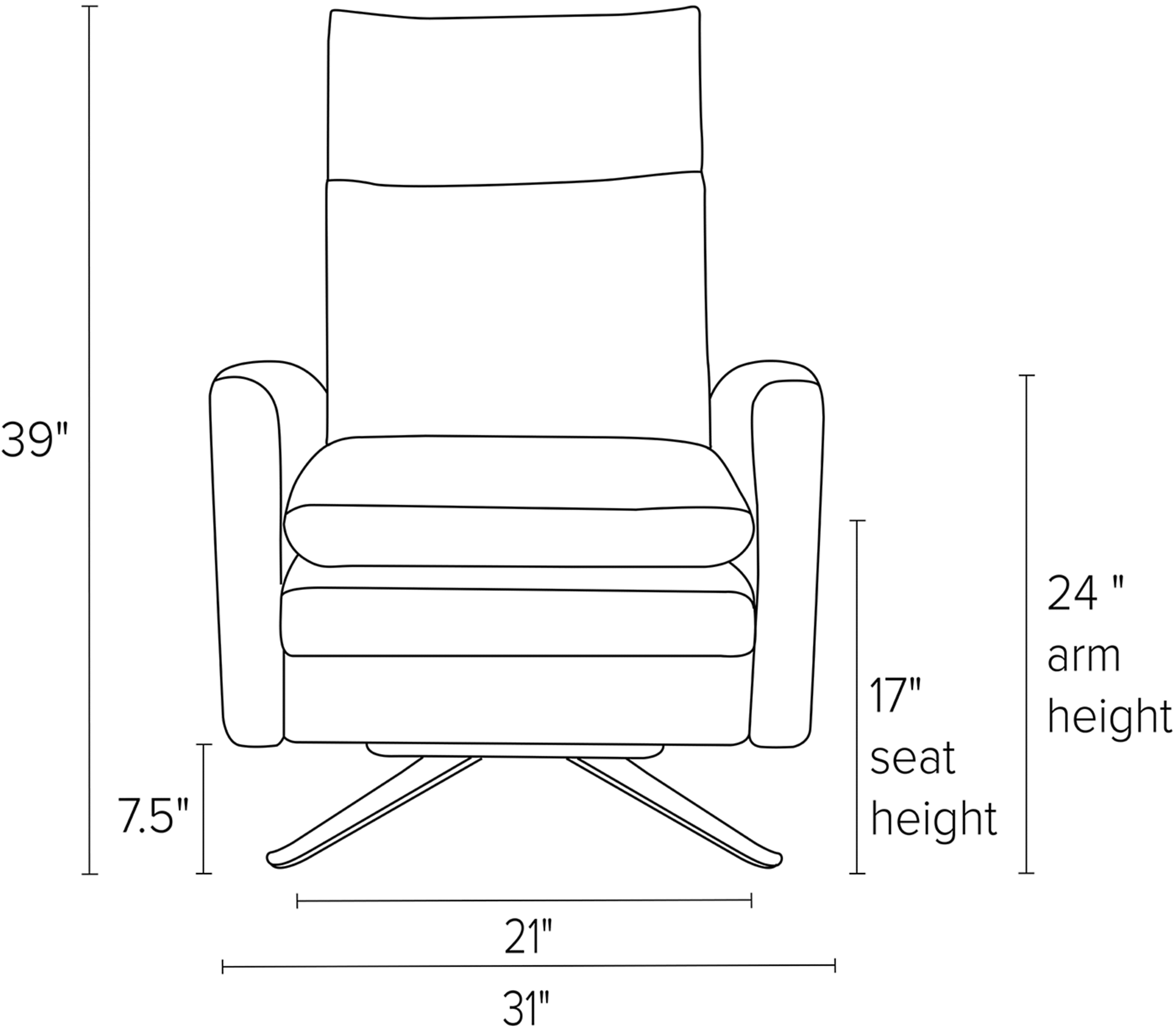 Front view dimension illustration of Isaac recliner with curved arms.