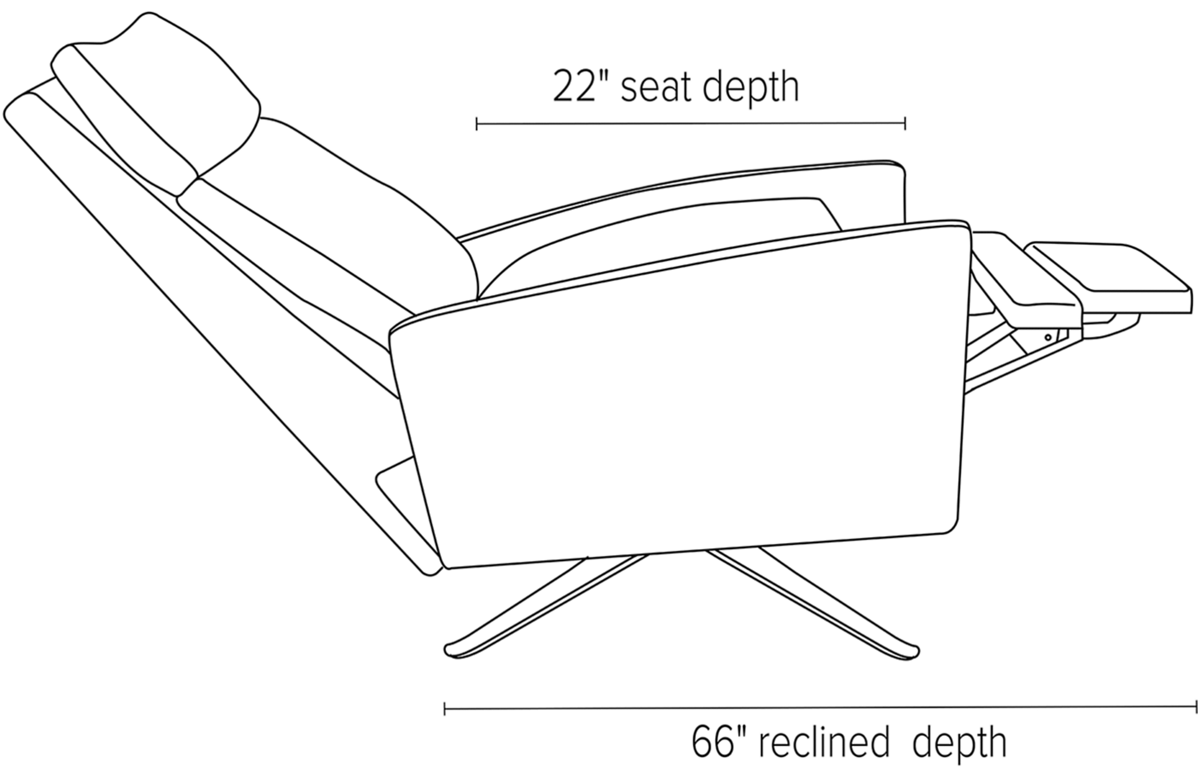 Side view dimension illustration of Isaac recliner with curved arms.