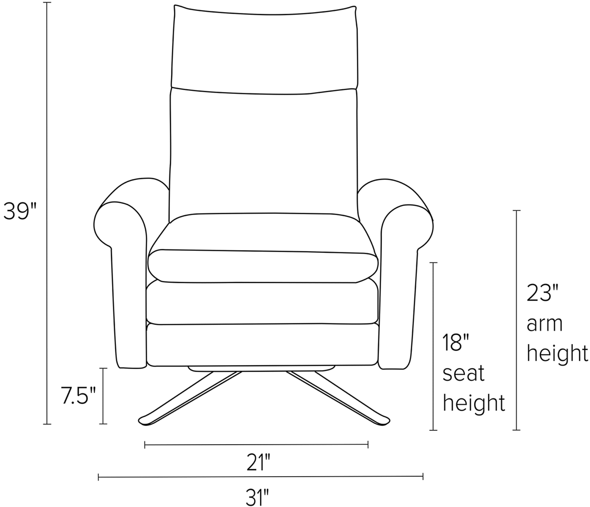 Front view dimension illustration of Isaac recliner with rolled arms.