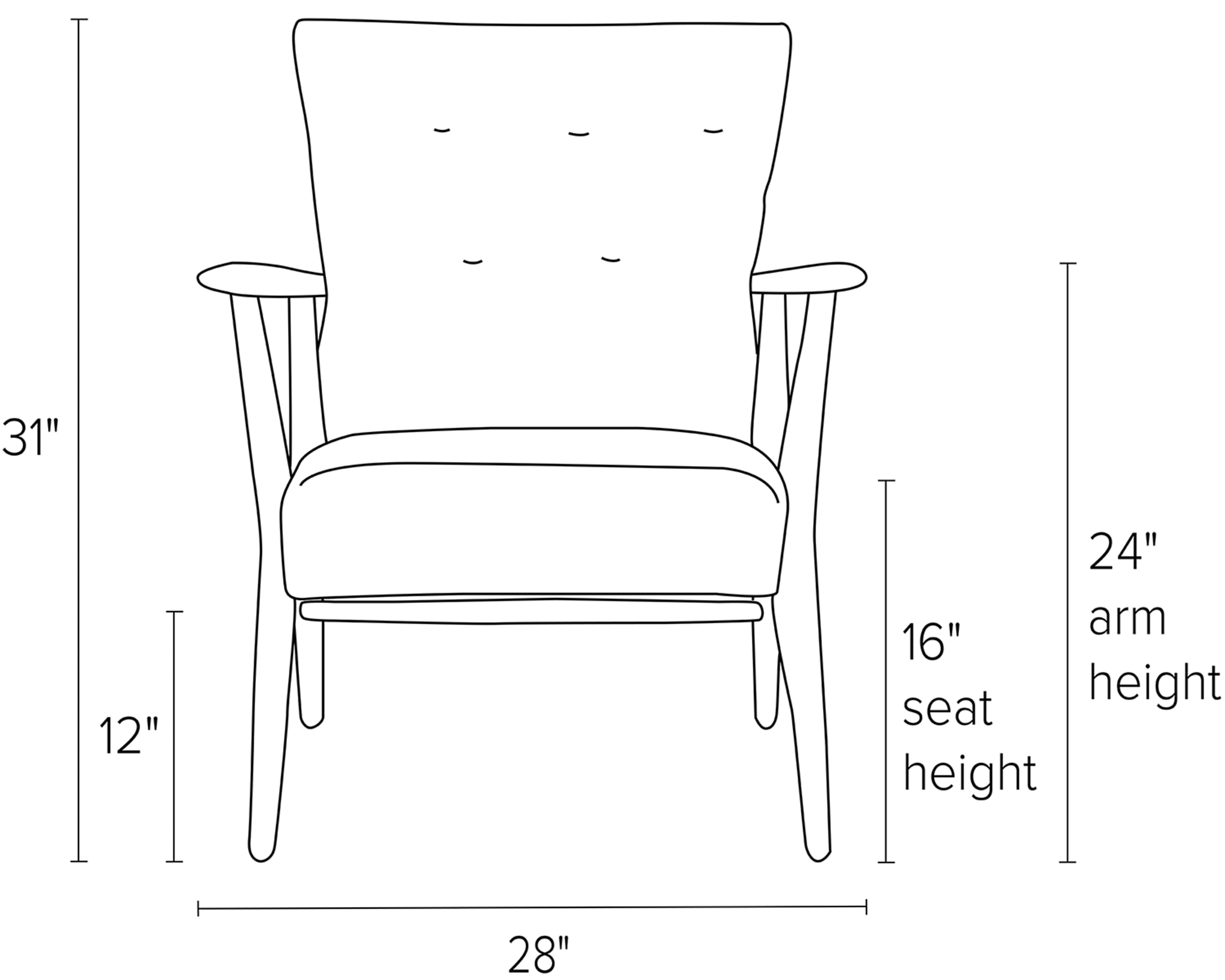 Front view dimension illustration of Jonas chair.