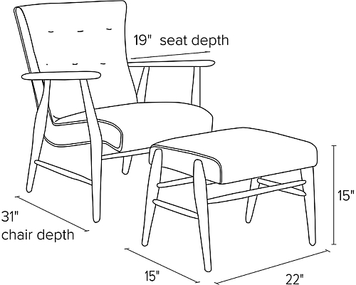 Side view dimension illustration of Jonas chair and ottoman.