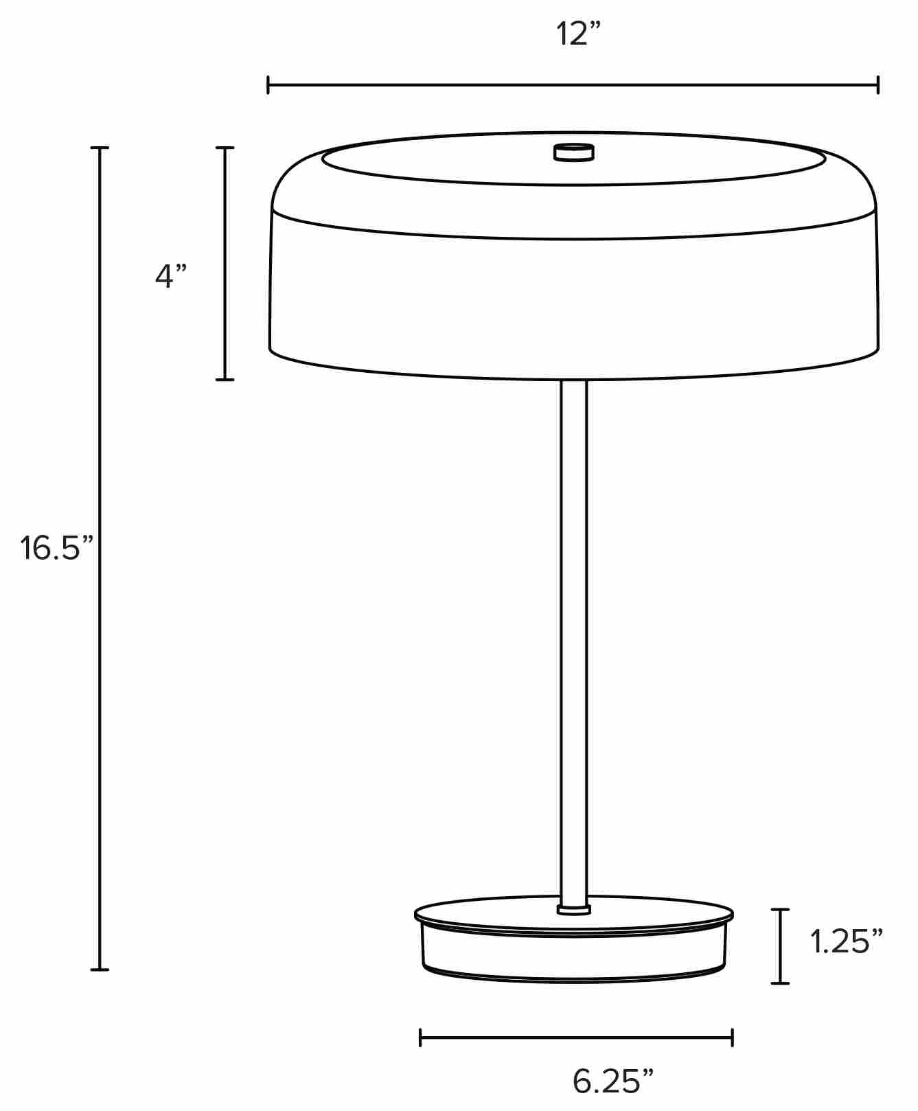 Kylo table lamp line drawing with dimensions.