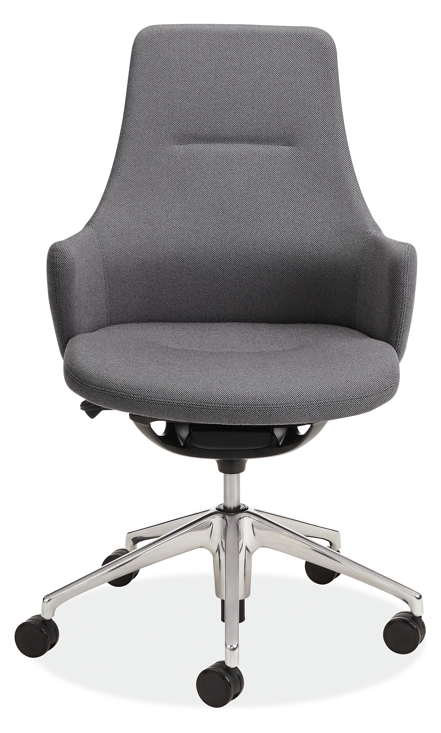 Front view of LW Office Chair in Polished Aluminum with Grey Twill Fabric.