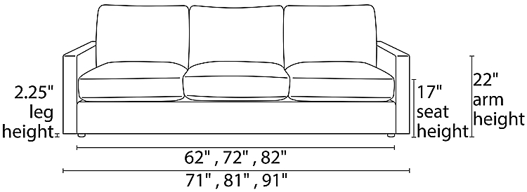 Linger Sofa Front Dimension Drawing.