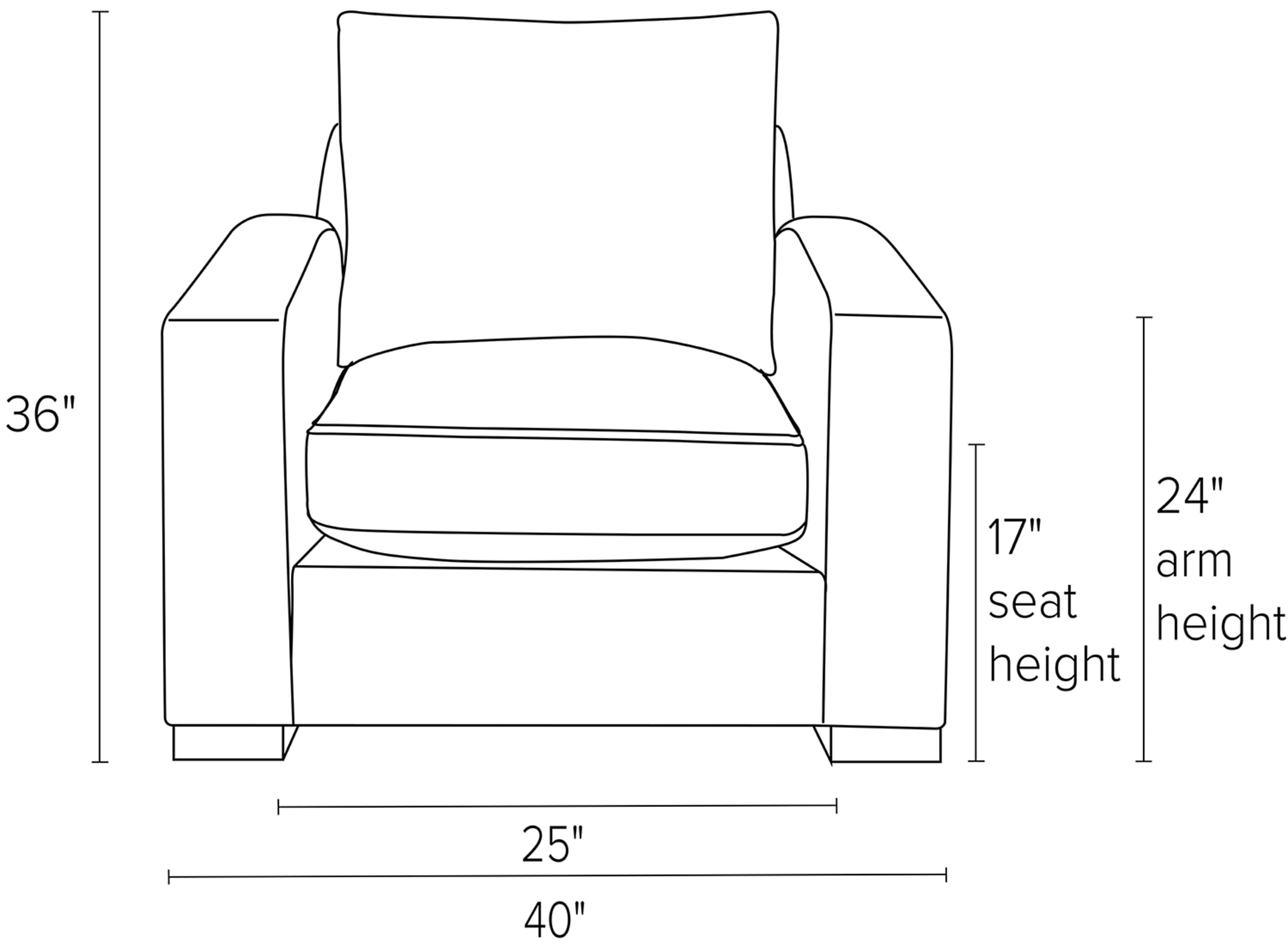 Front view dimension illustration of Metro chair.