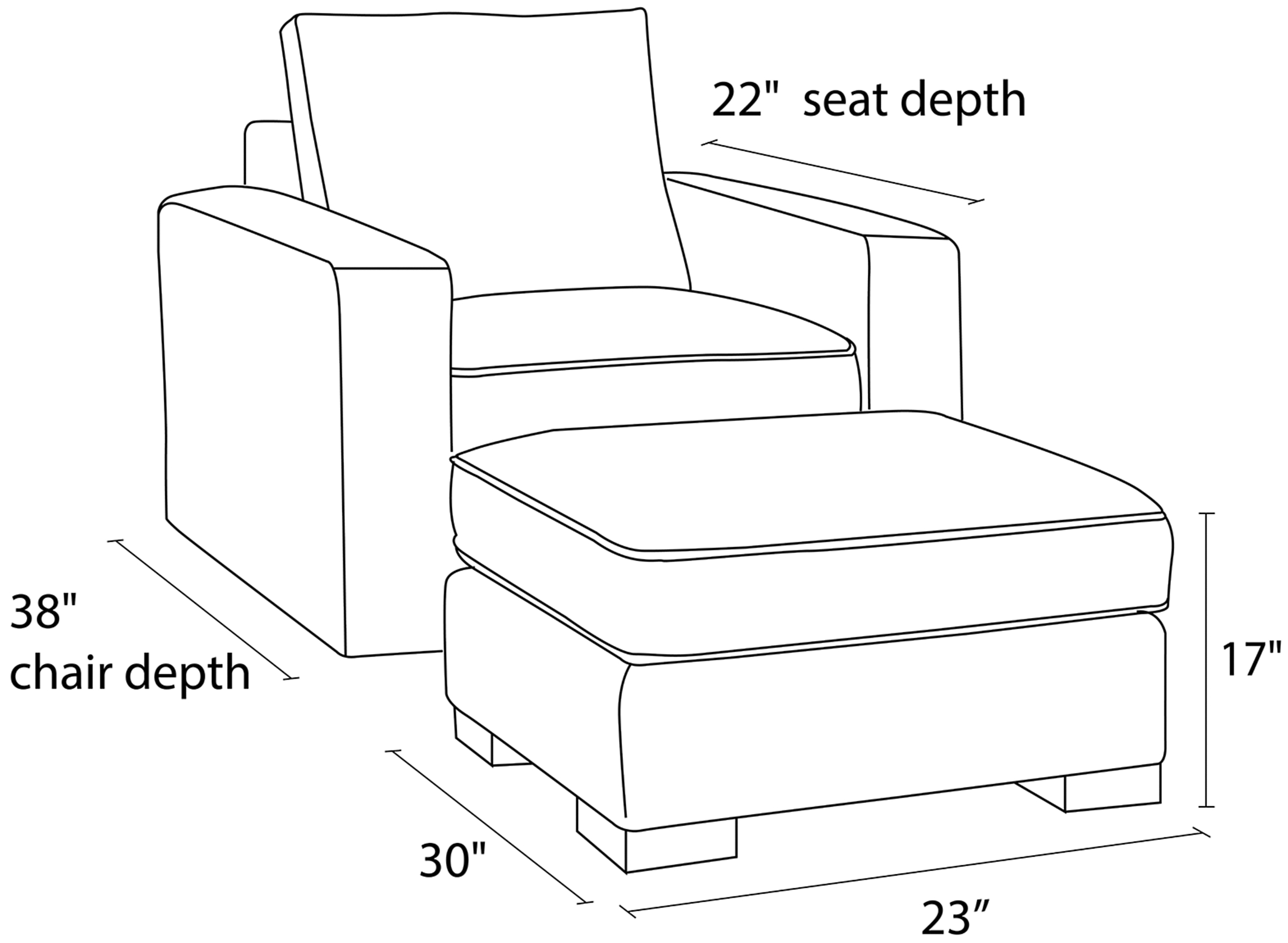 Side view dimension illustration of Metro chair and ottoman.