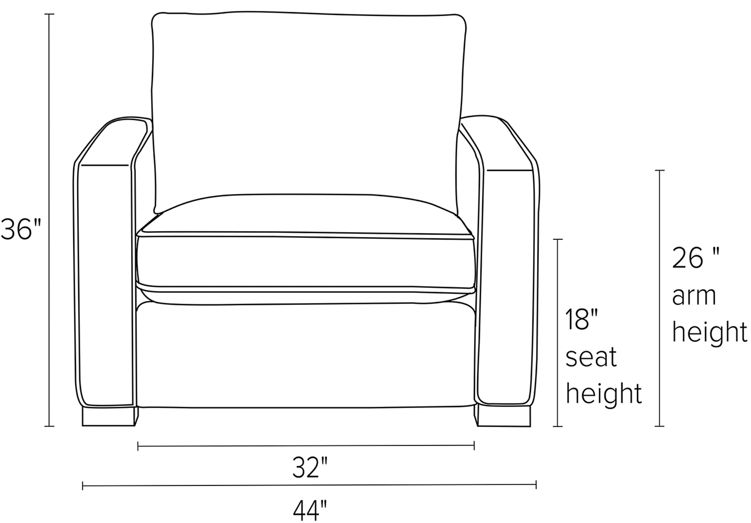 Front view dimension illustration of Morrison chair.
