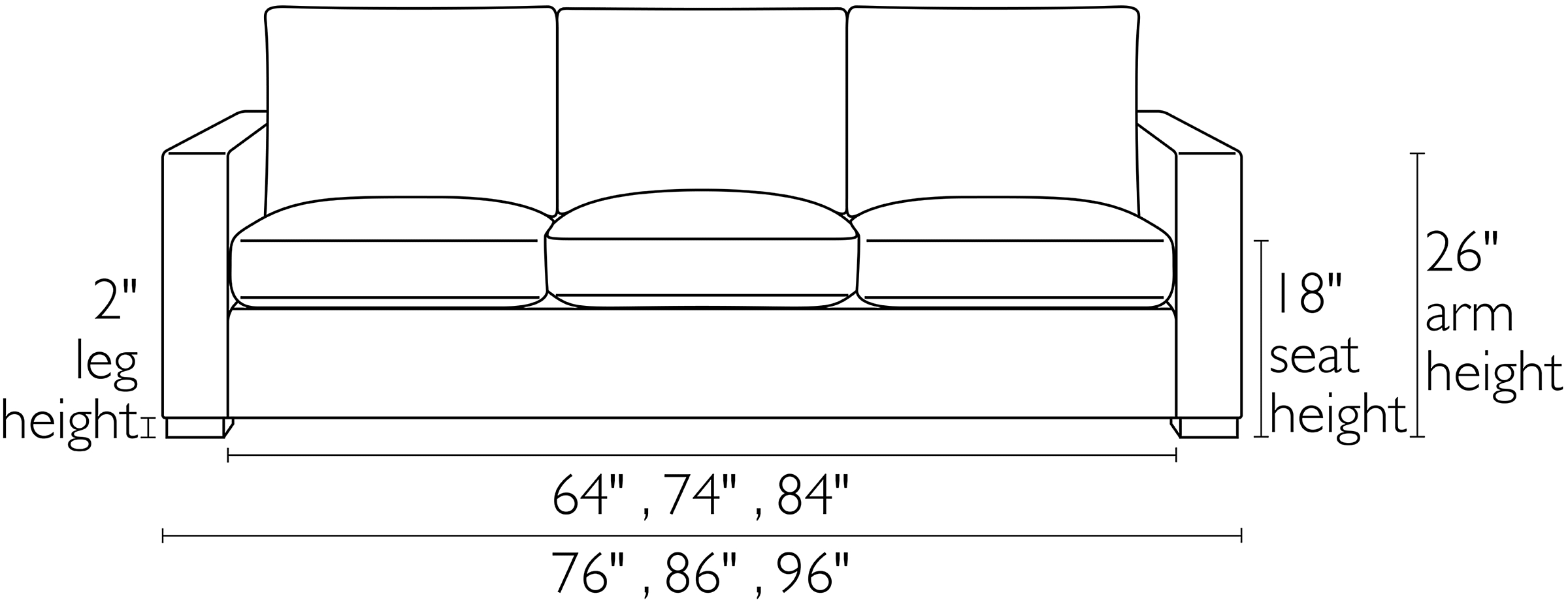 Morrison Sofa's Front Dimension Drawings.