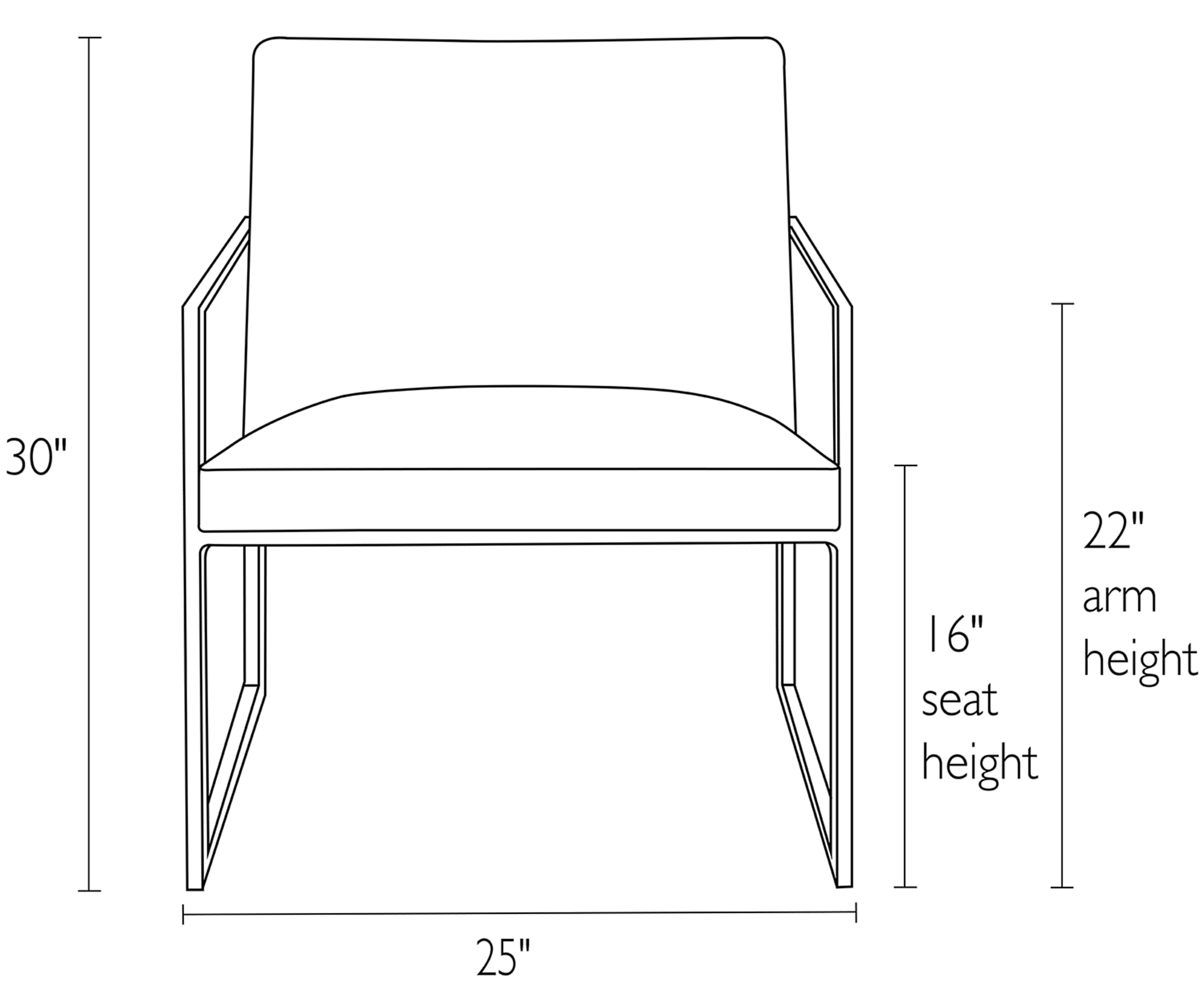 Front view dimension illustration of Novato chair.