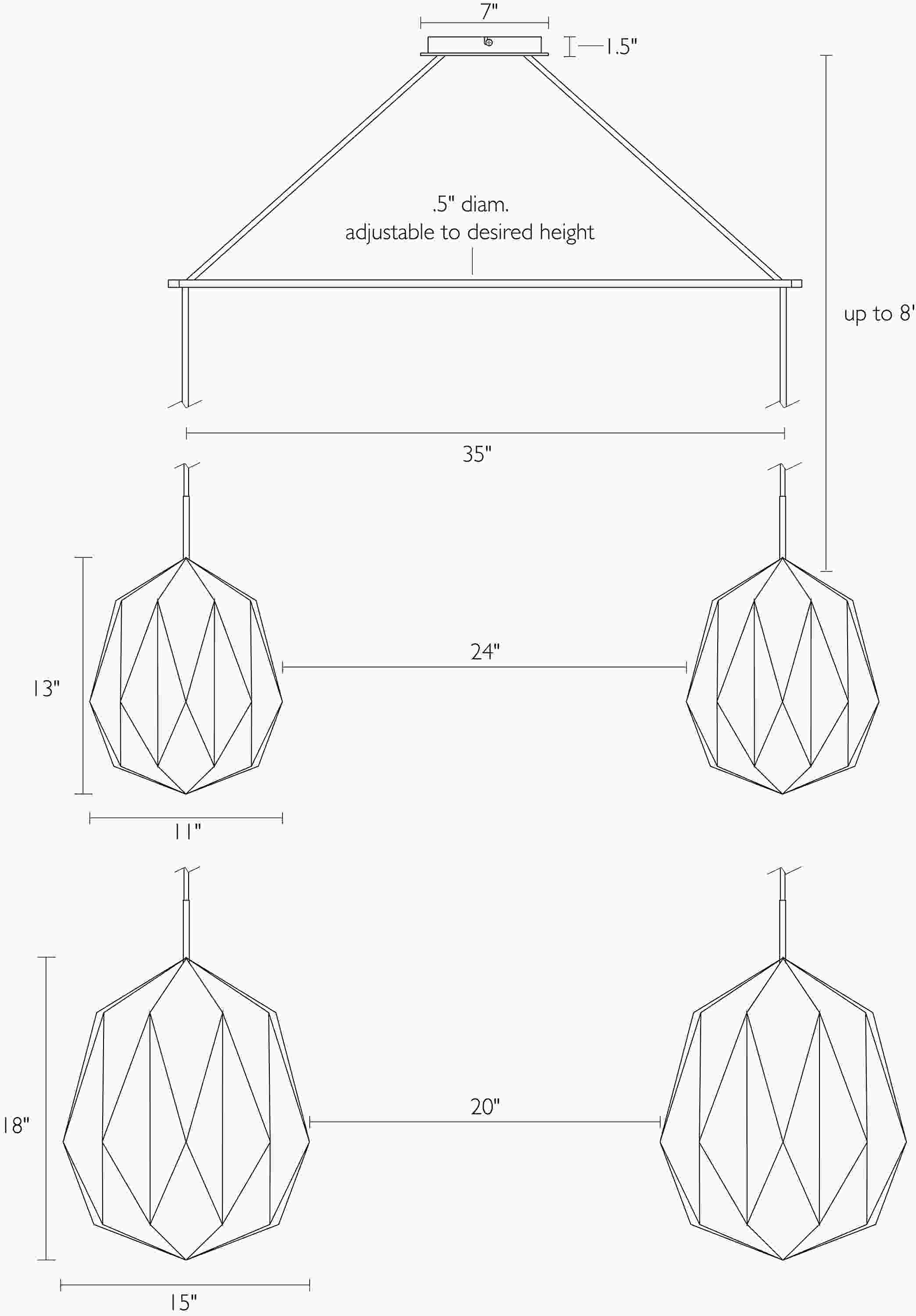 Detail of Orikata Acorn double pendant dimension drawings.