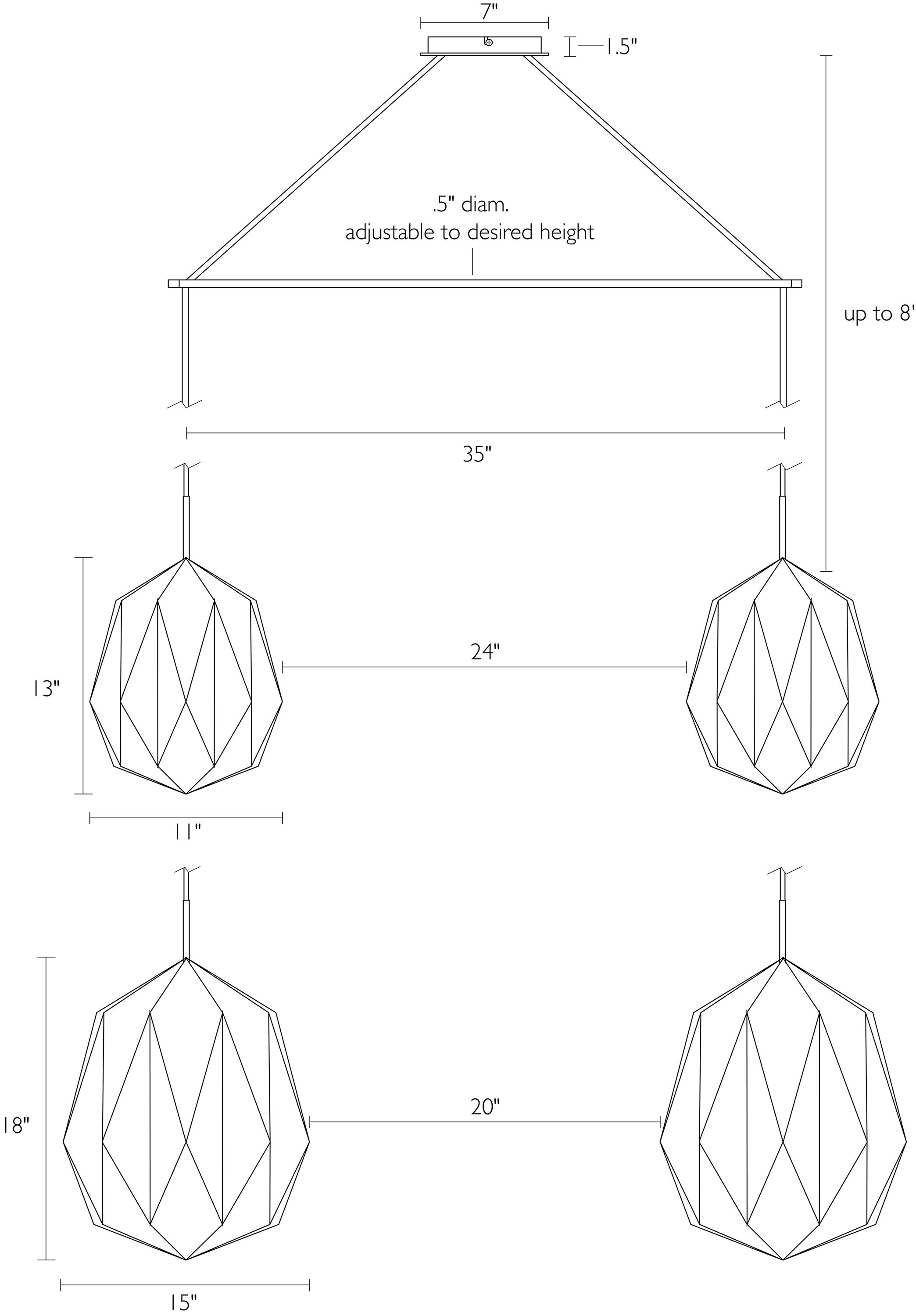 Detail of Orikata Acorn double pendant dimension drawings.