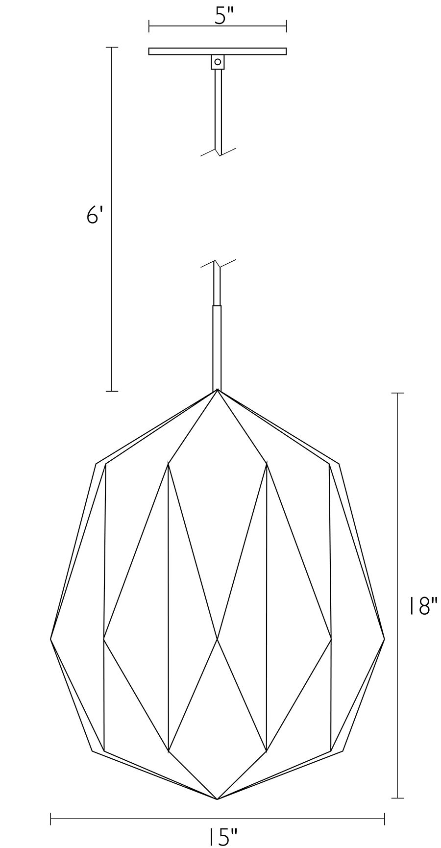 Illustration of Orikata 15 diameter Acorn Pendant with dimensions.