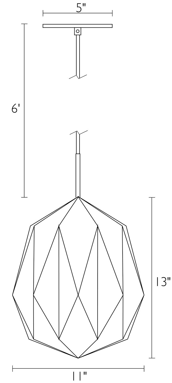 Illustration of Orikata 11 diameter Acorn Pendant with dimensions.