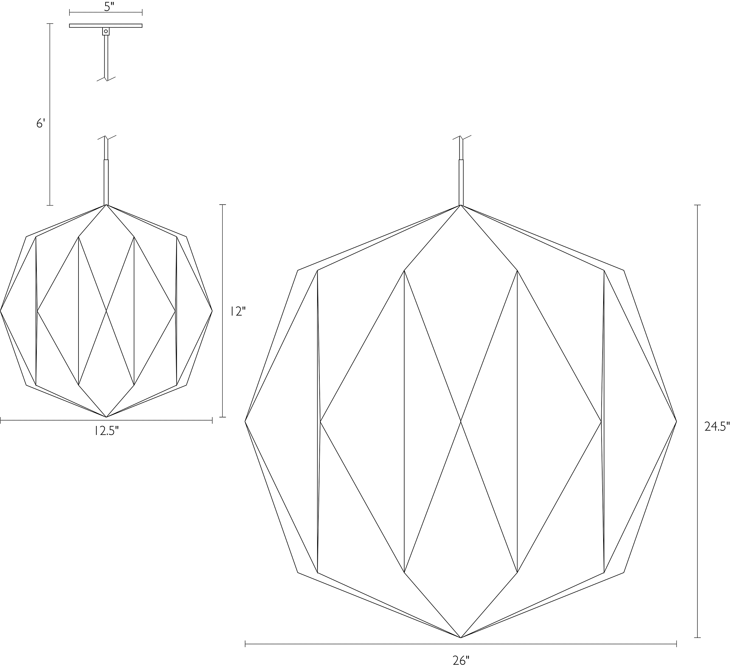 Detail of Orikata Ball pendant dimension drawings.