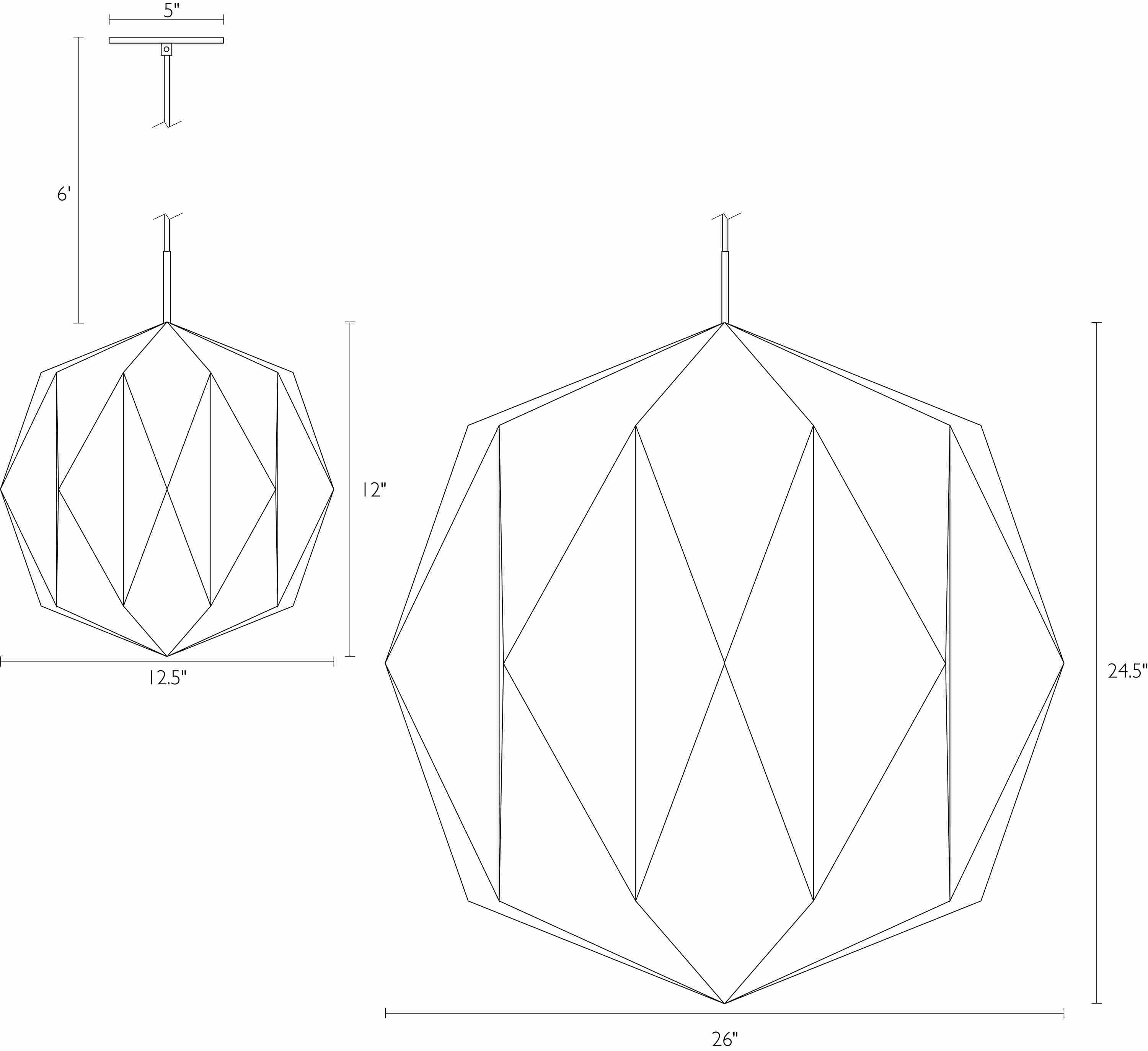 Detail of Orikata Ball pendant dimension drawings.