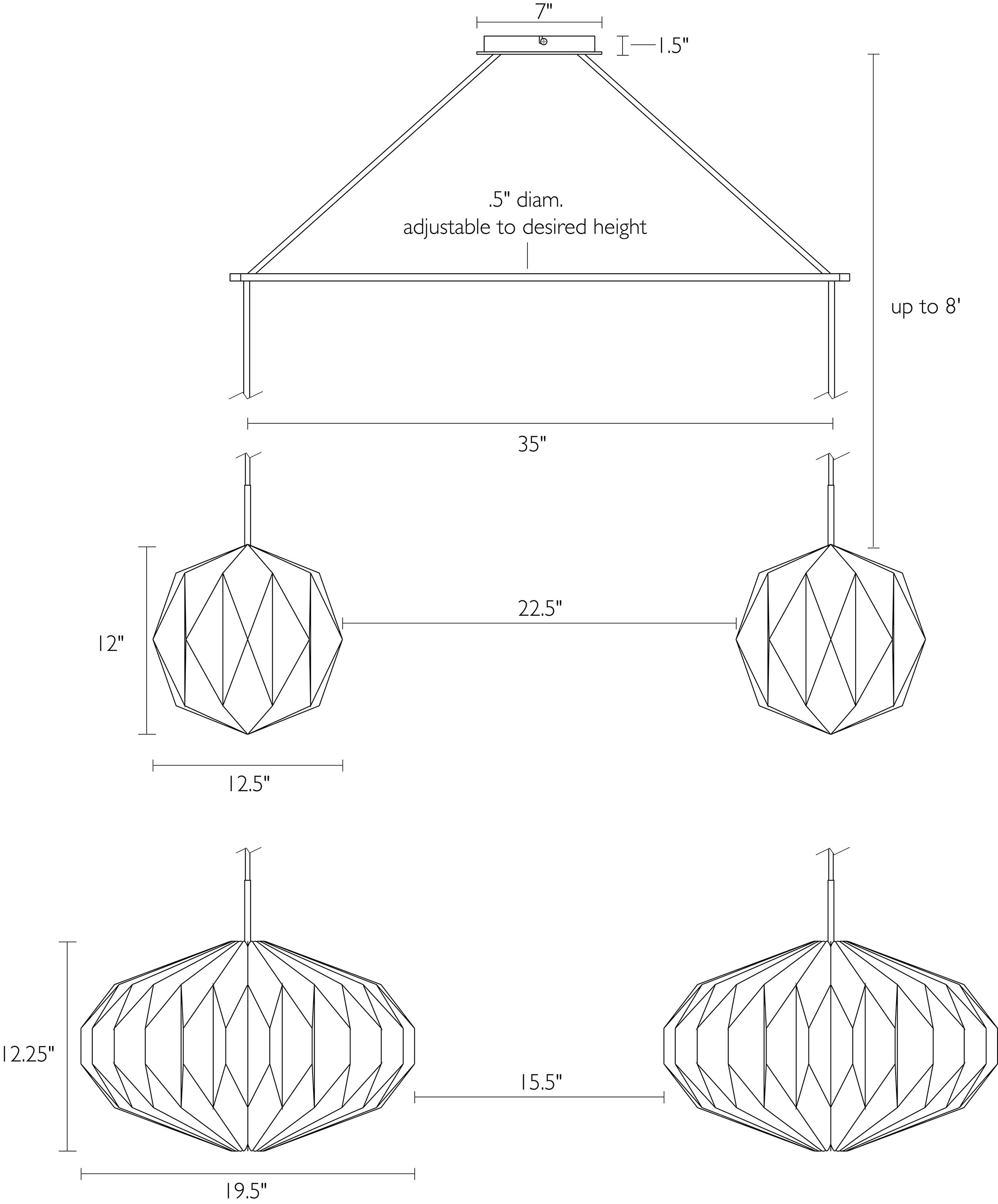 Detail of Orikata Saucer and Ball double pendant dimension drawings.