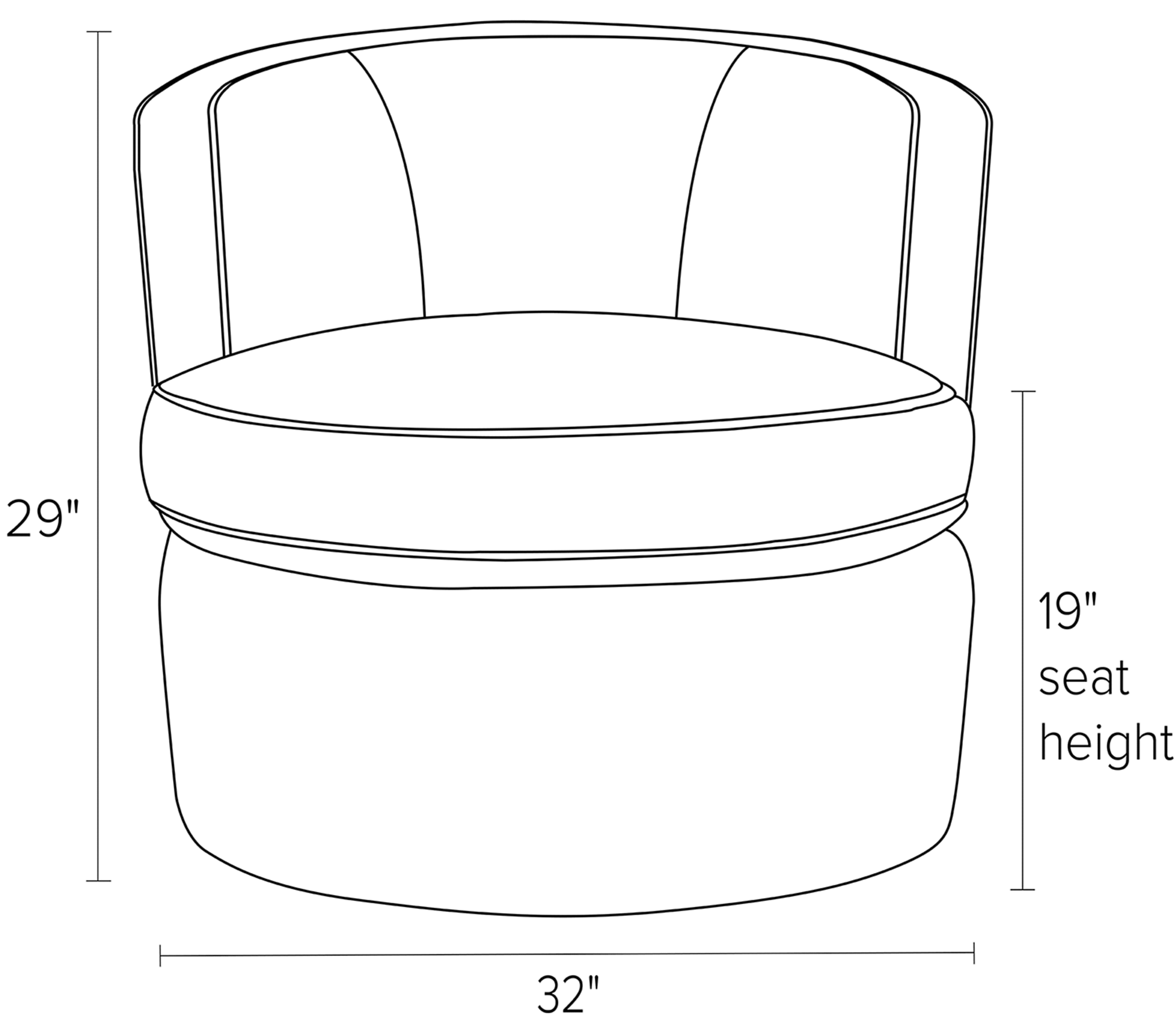 Front view dimension illustration of Otis swivel chair.