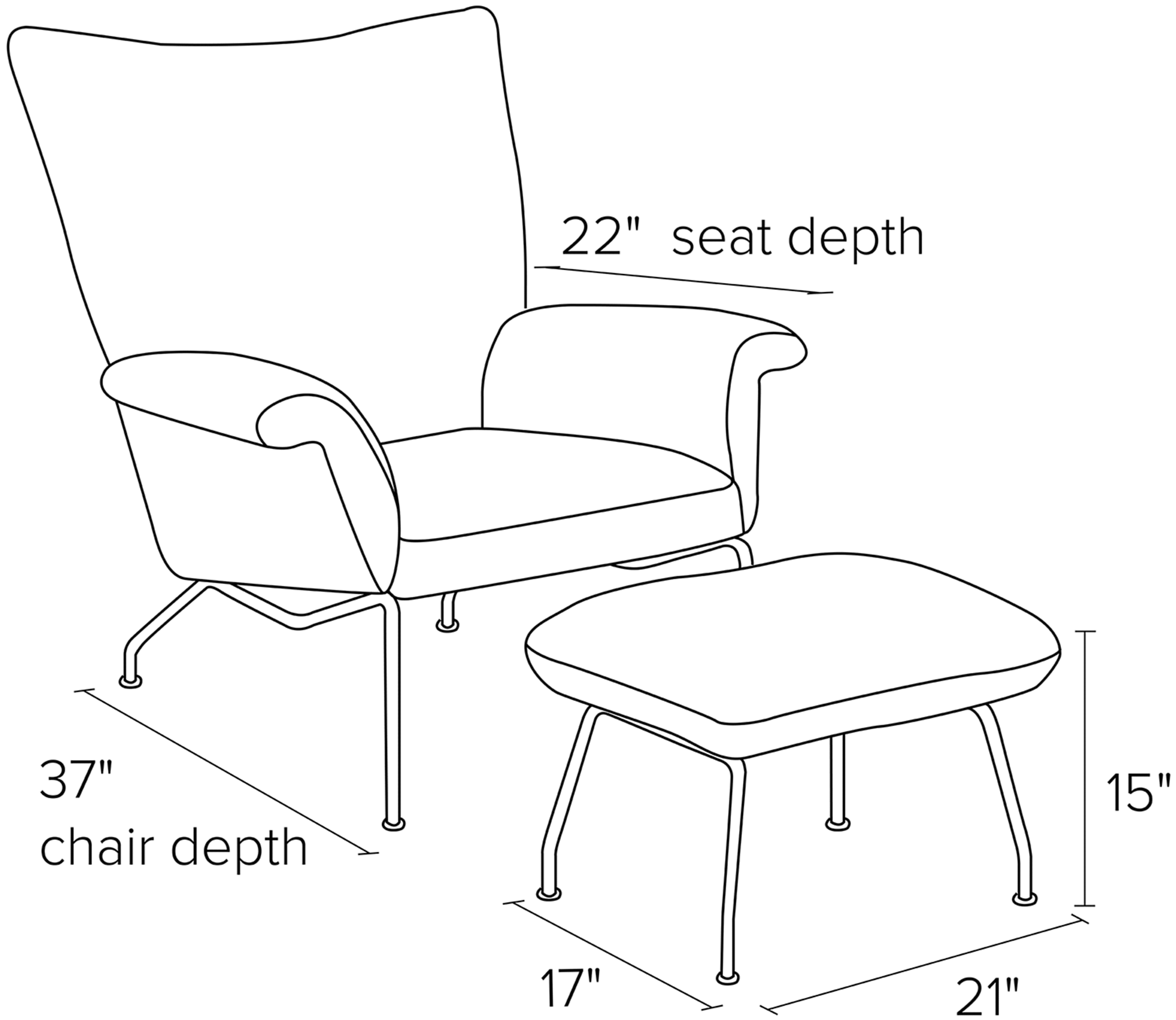 Side view dimension illustration of Paris chair and ottoman.