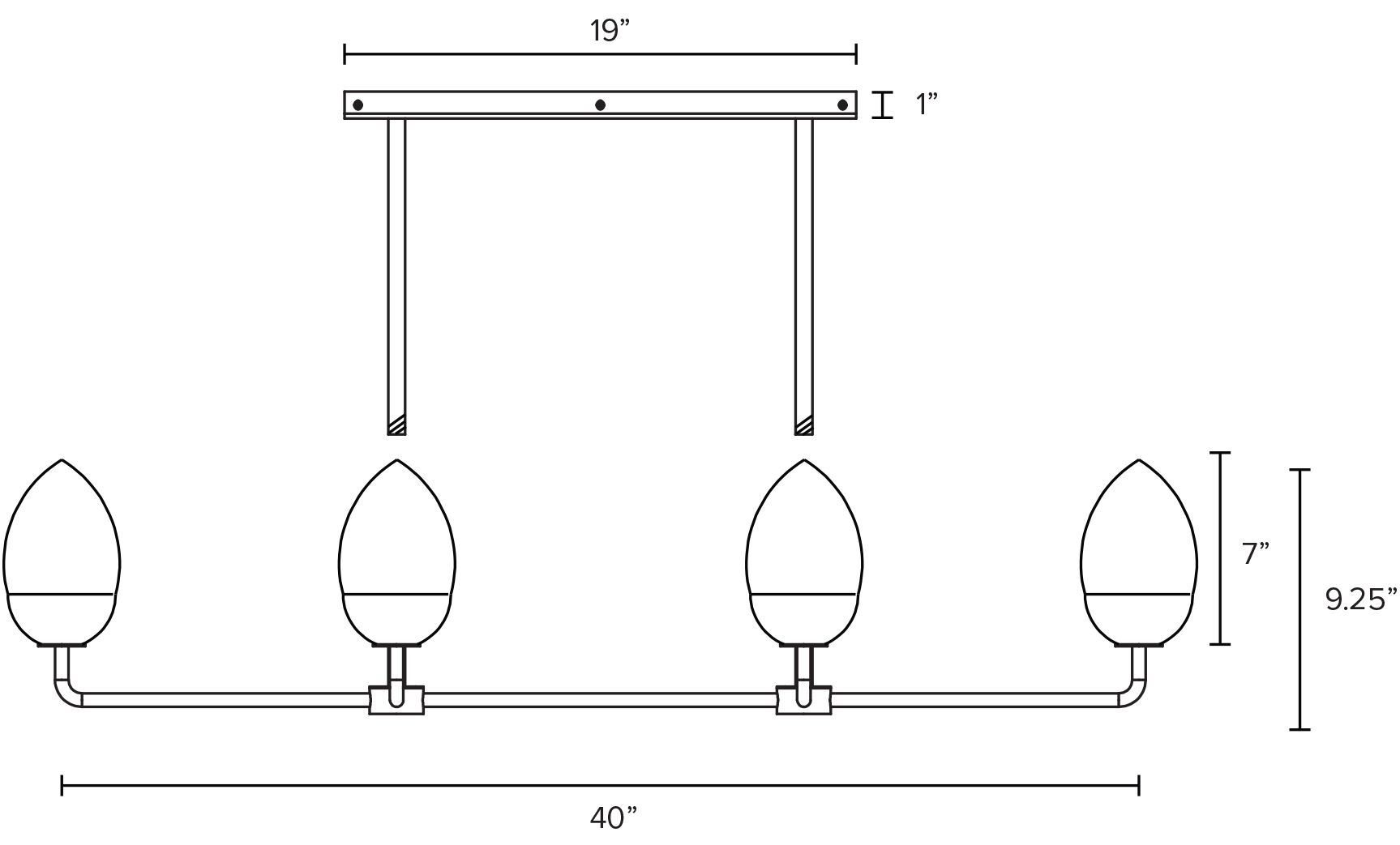 Illustration of Polar Taper 40 wide 15 deep Chandelier with dimensions.