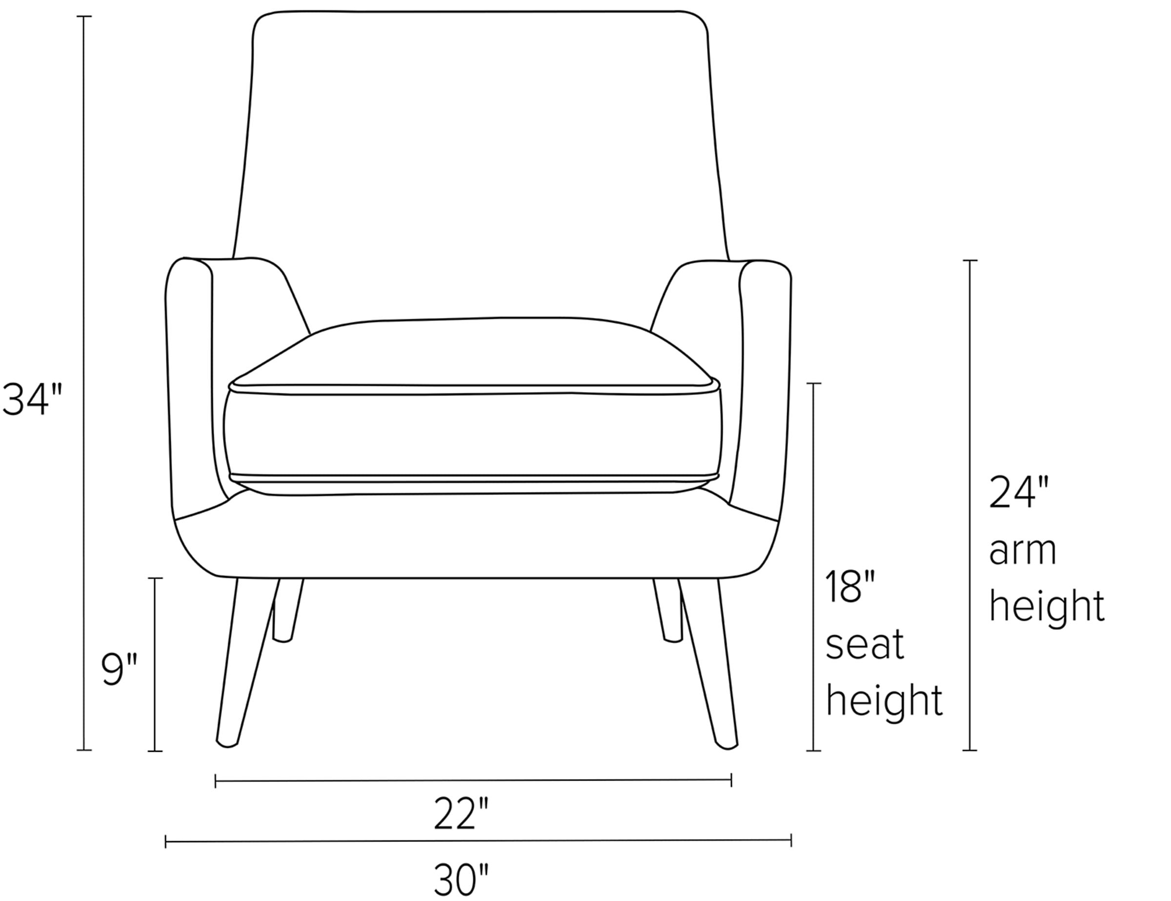 Front view dimension illustration of Quinn chair.