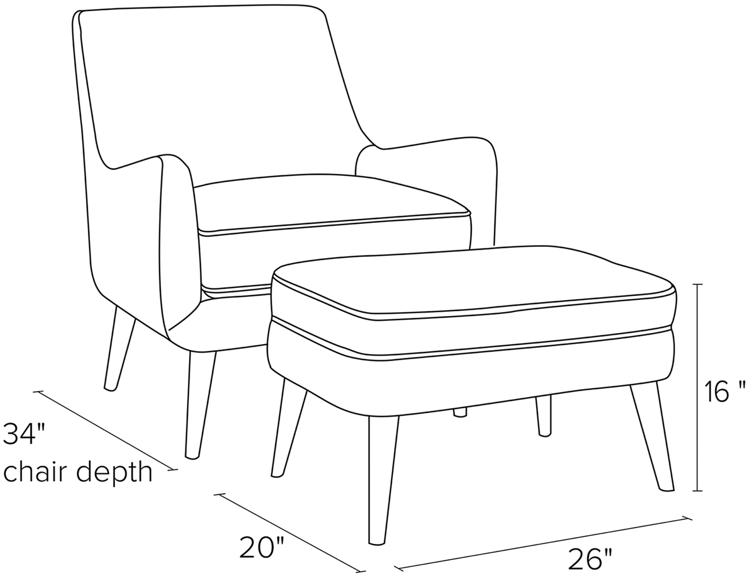 Side view dimension illustration of Quinn chair and ottoman.