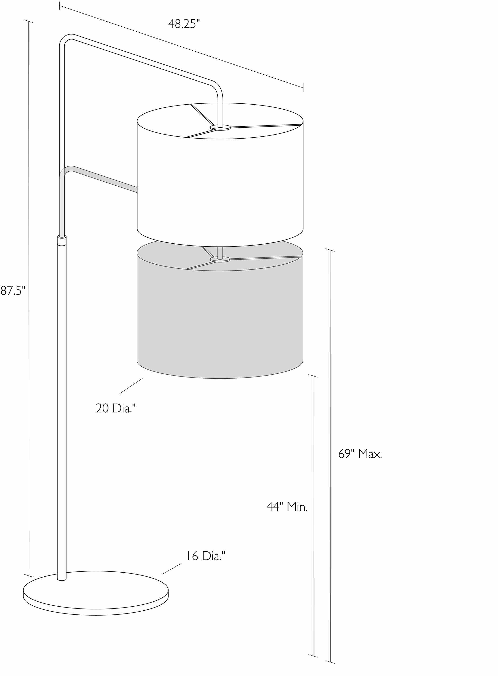 Detail of Rayne floor lamp dimension drawing.