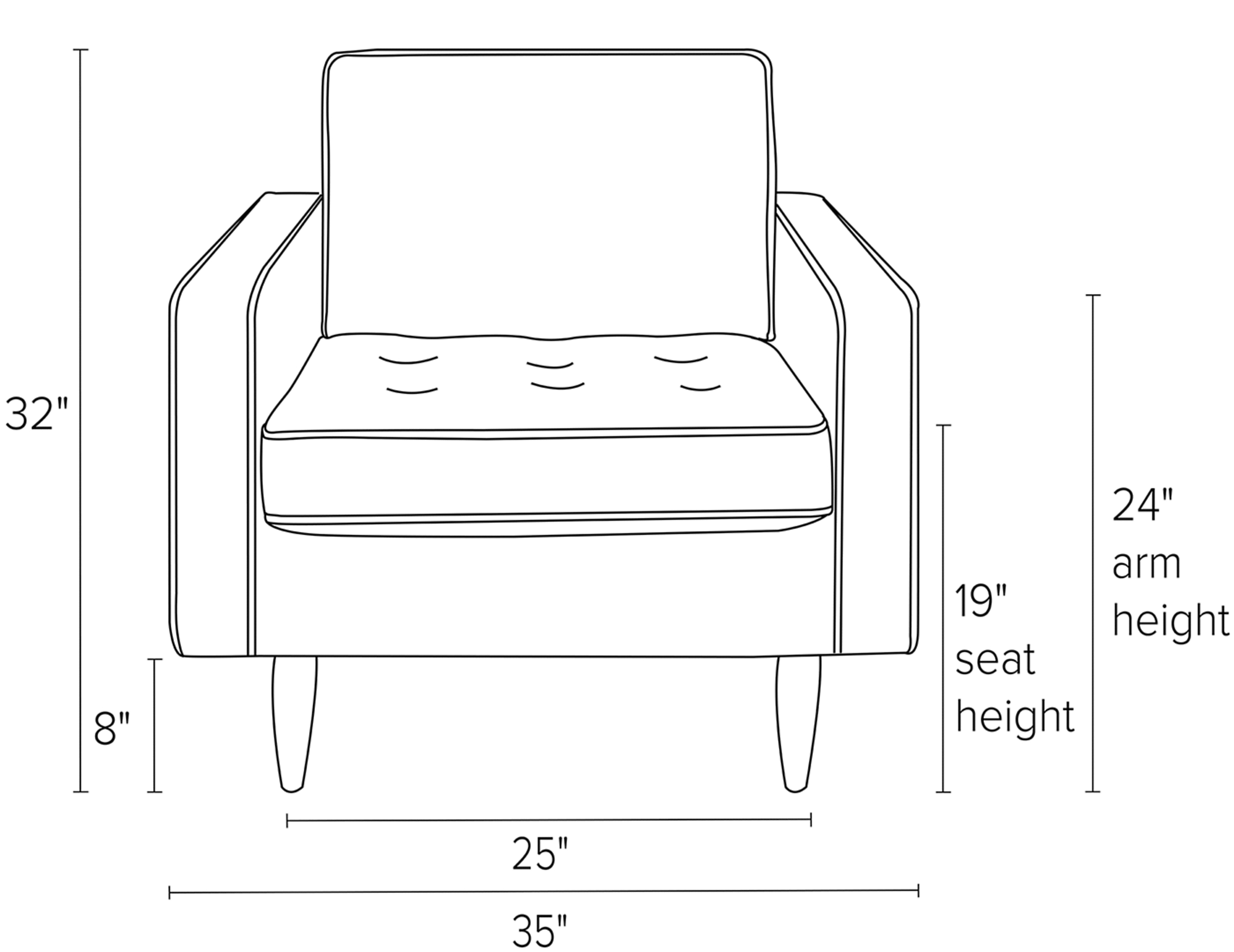 Front view dimension illustration of Reese chair.
