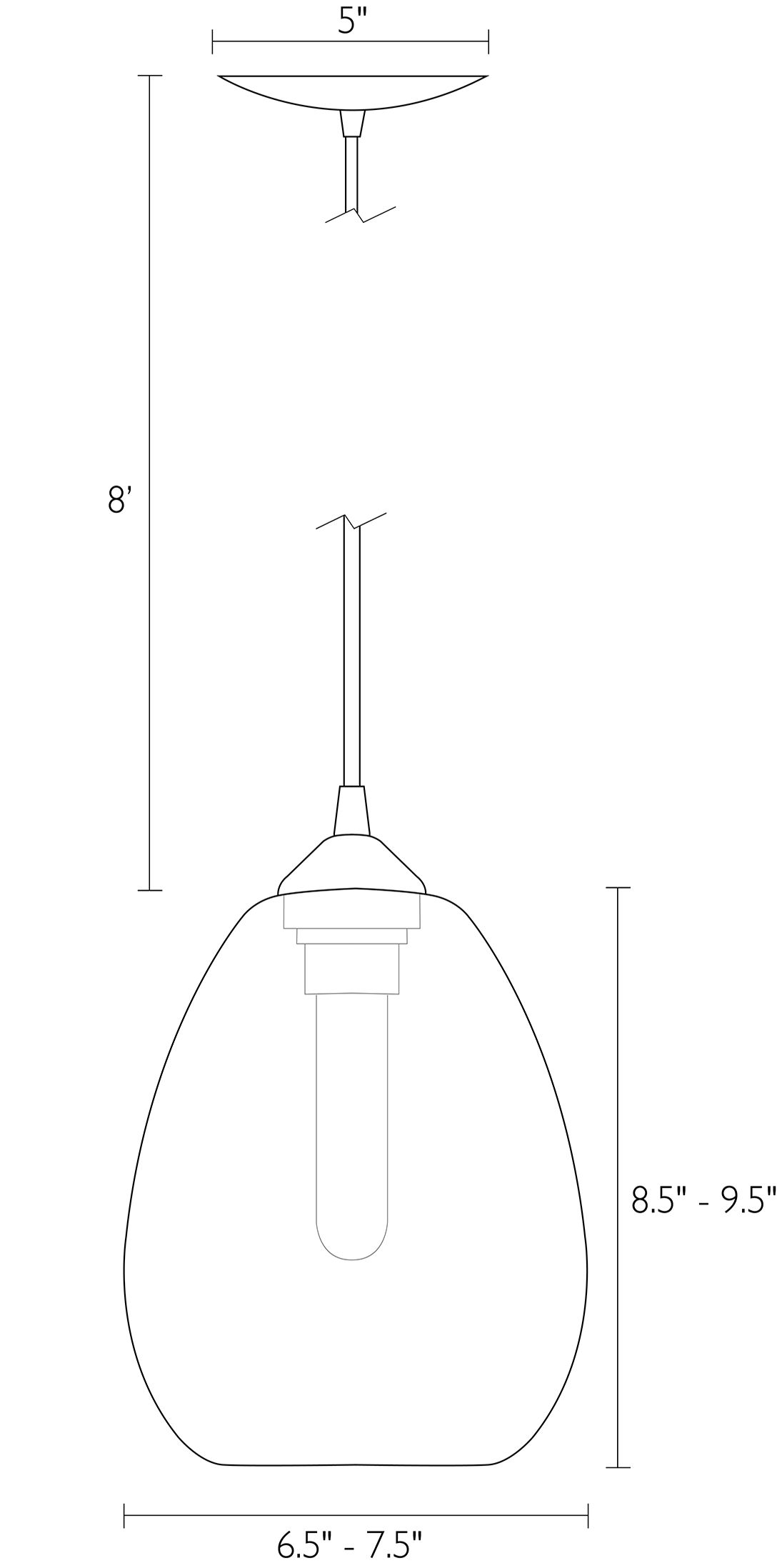 Illustration of Sky Teardrop Pendant with dimensions.
