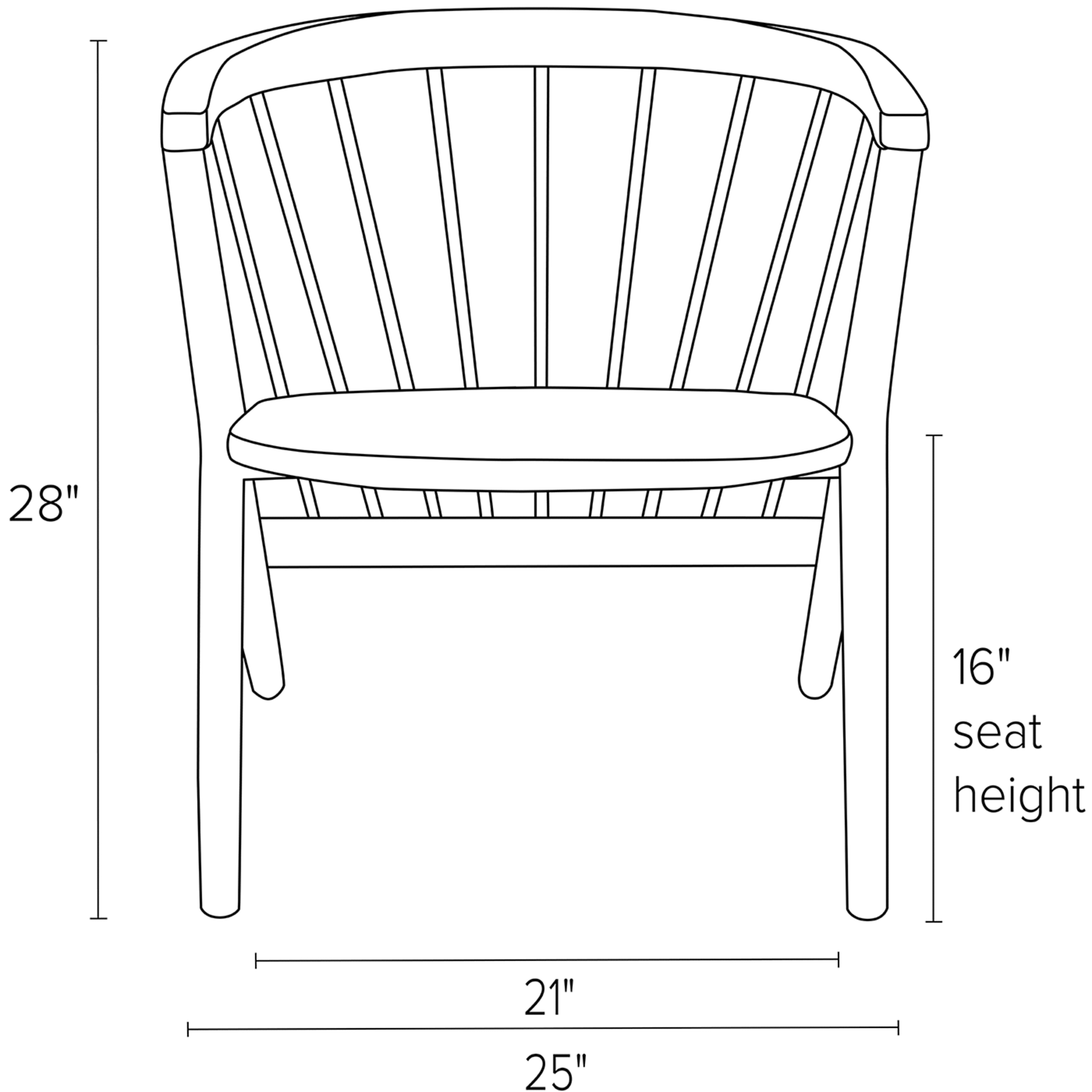 Front view dimension illustration of Soren chair.