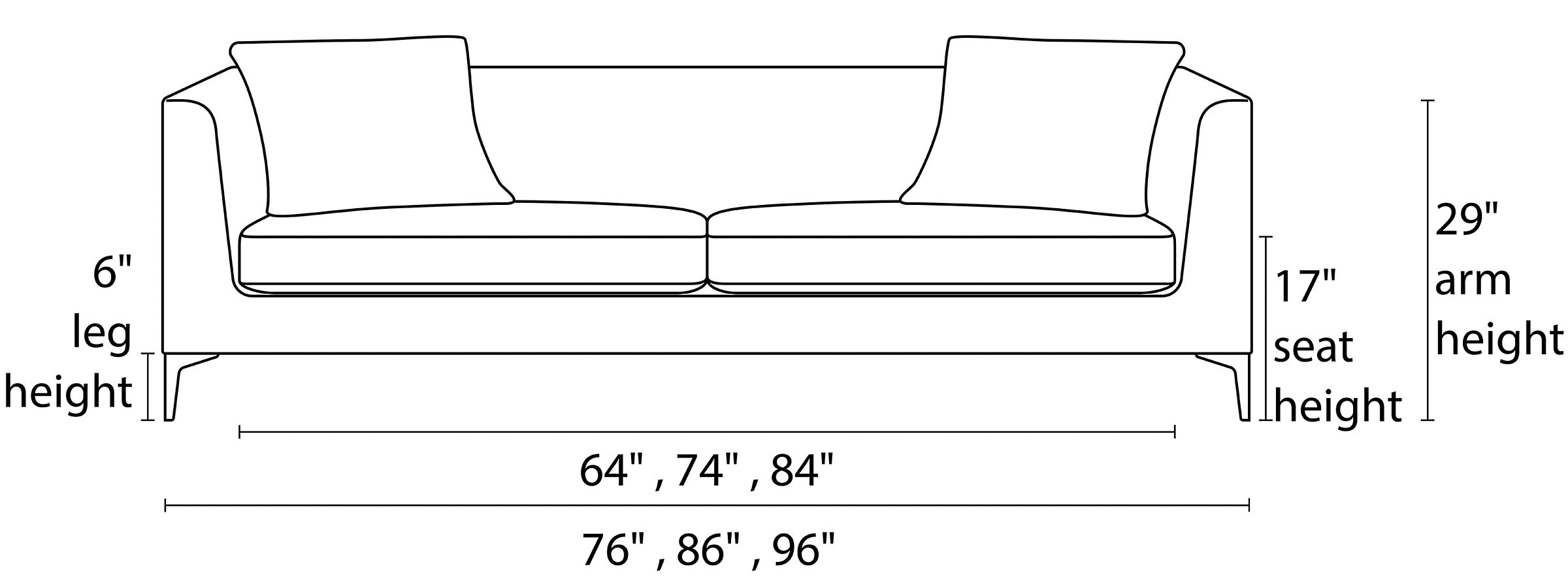 Sterling Sofa's Front Dimension Drawings.