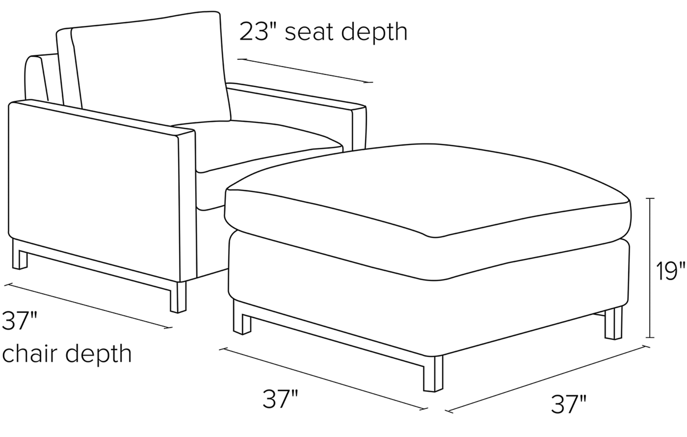 Side view dimension illustration of Stevens chair and ottoman.