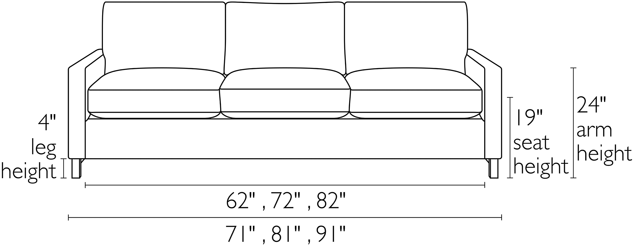 Stevens Sofa's Front Dimension Drawings.