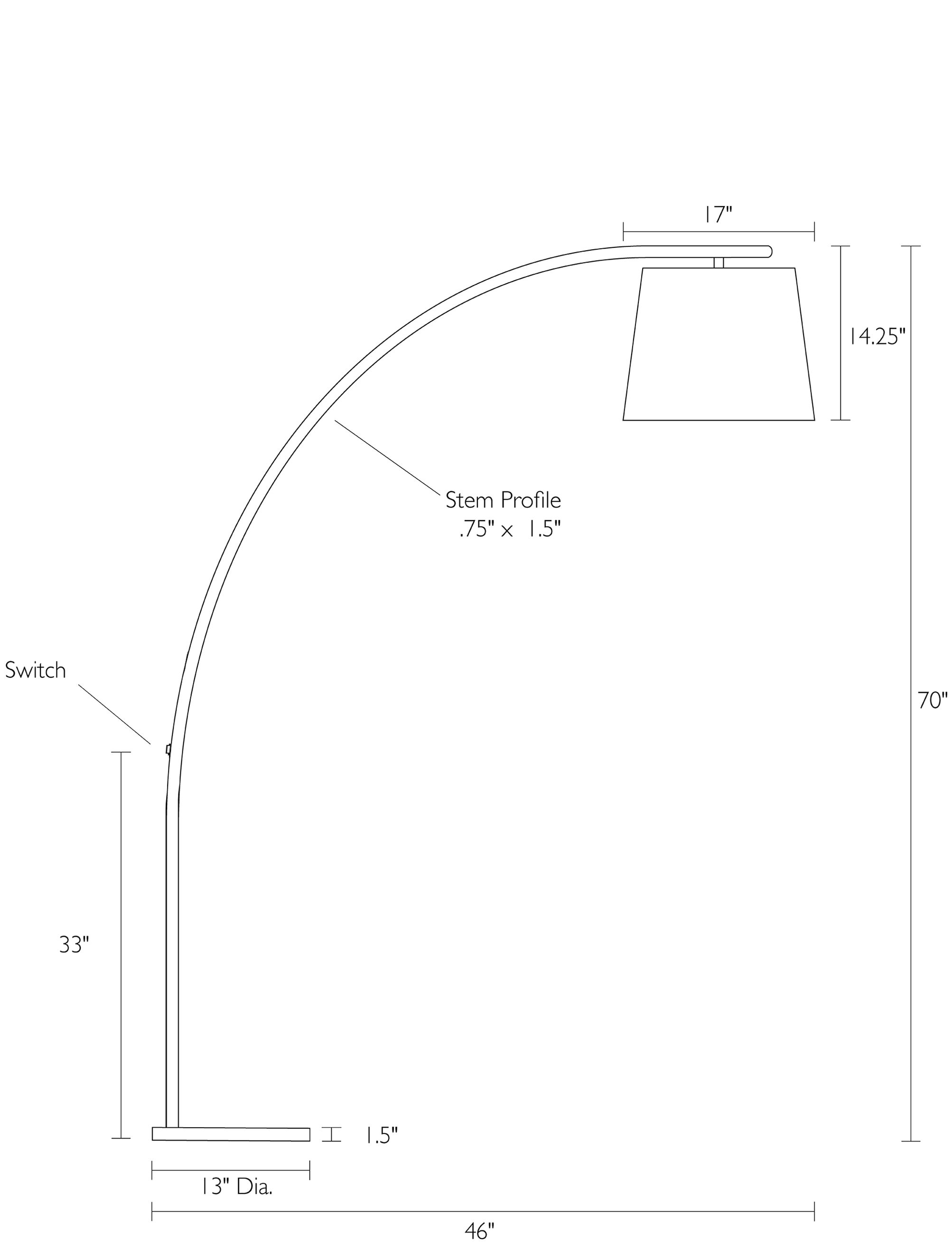 Illustration of Streeter 70 high Metal Floor Lamp with dimensions.