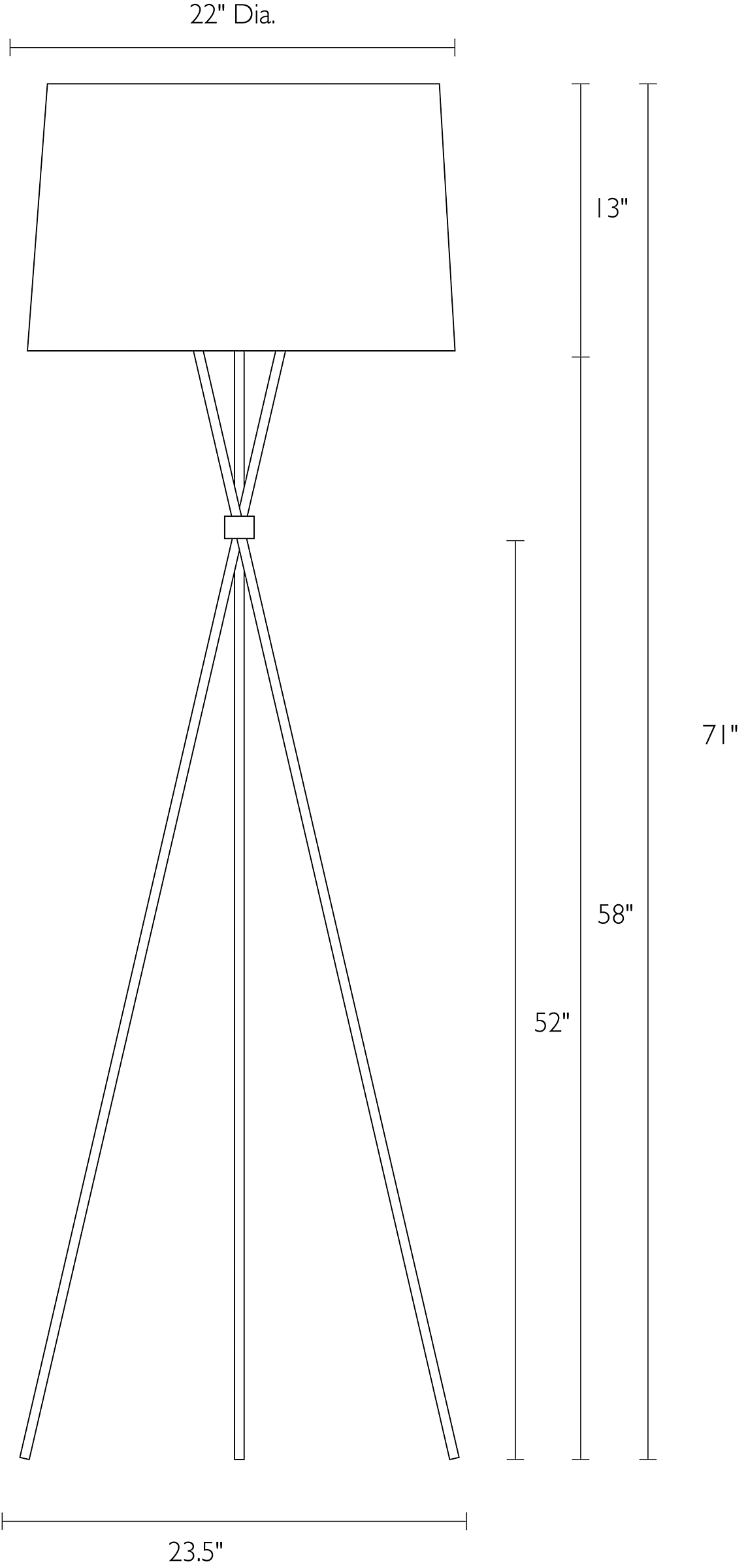 Detail of Tri-Plex floor lamp dimension drawing.