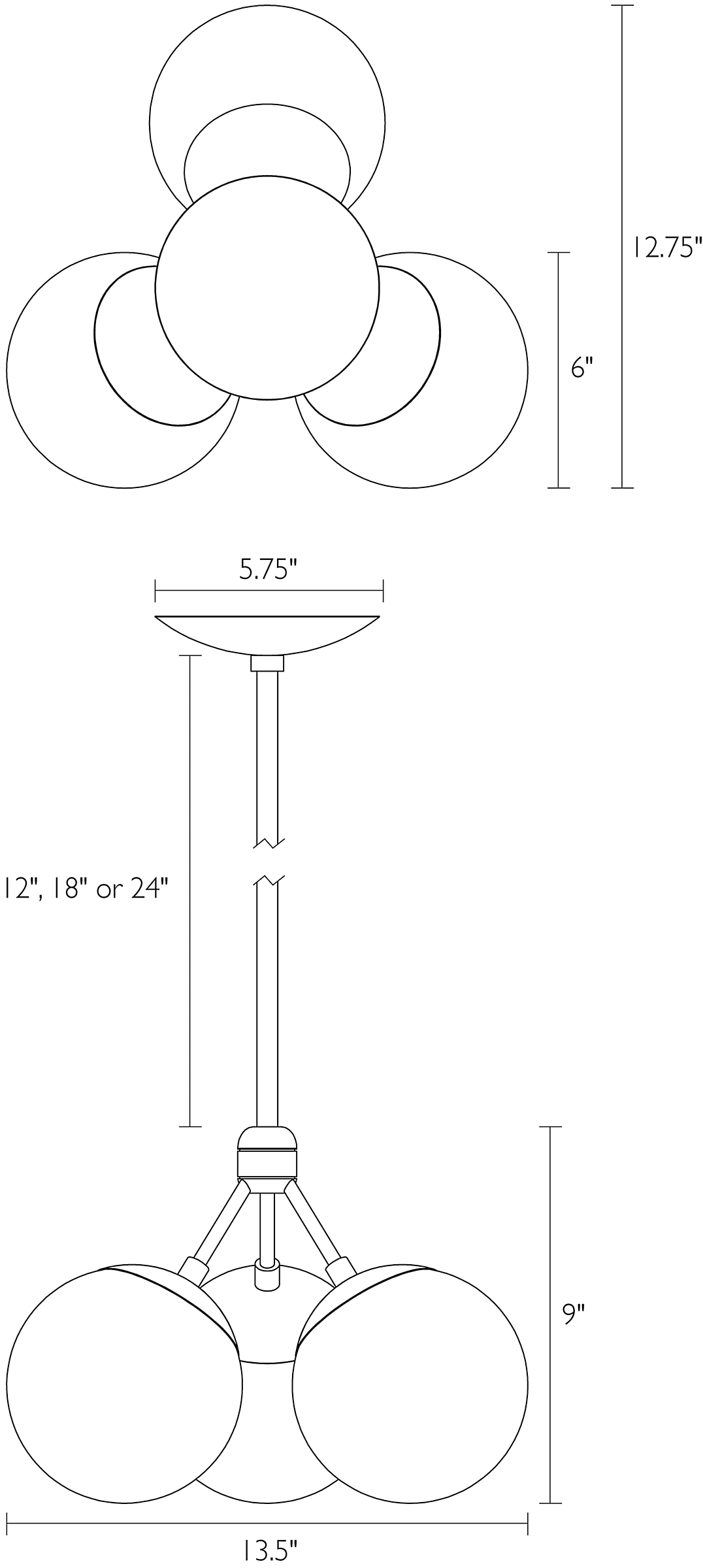 Dimension illustration of Triton chandelier.