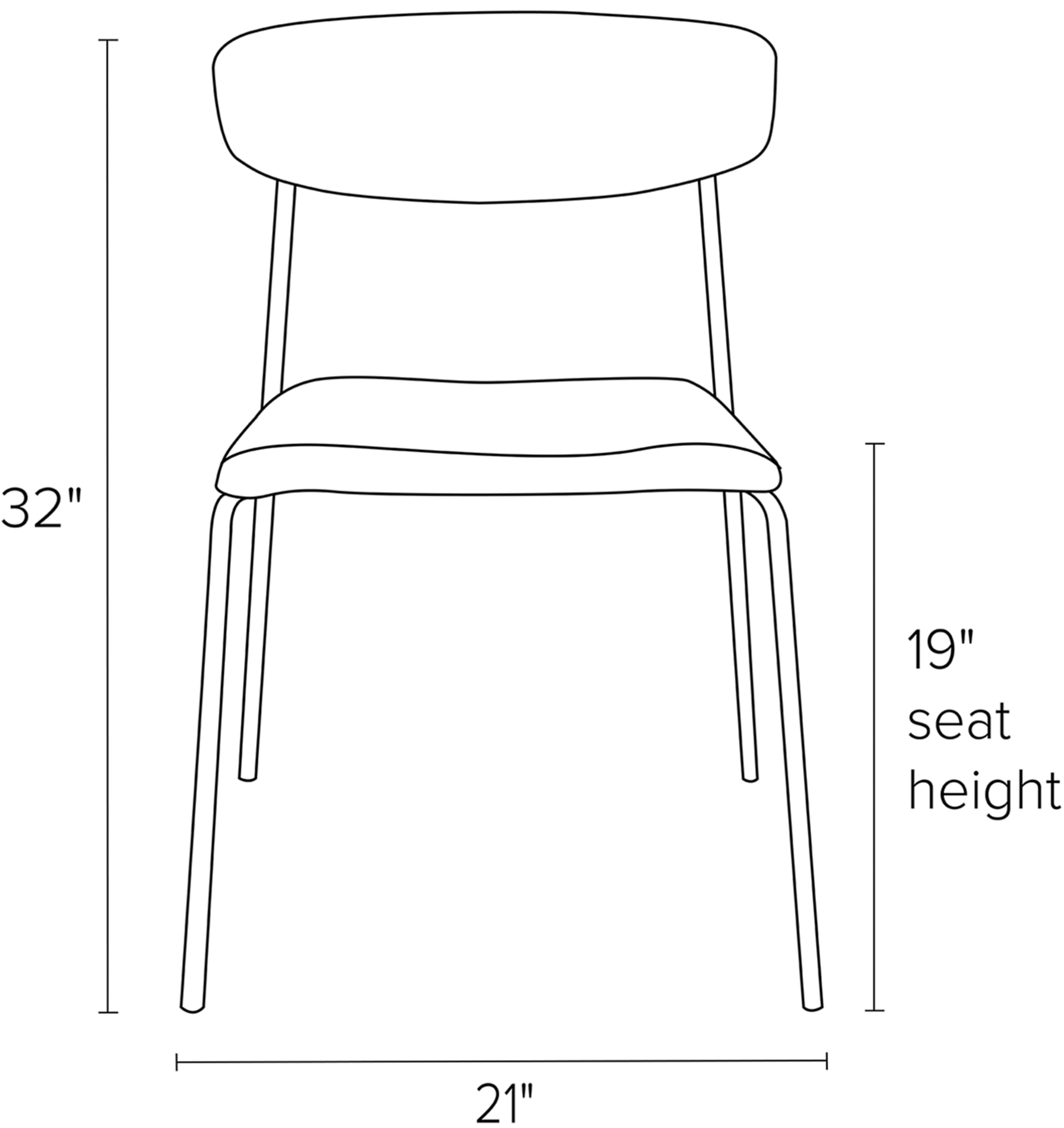 Front view dimension illustration of Wolfgang side chair.