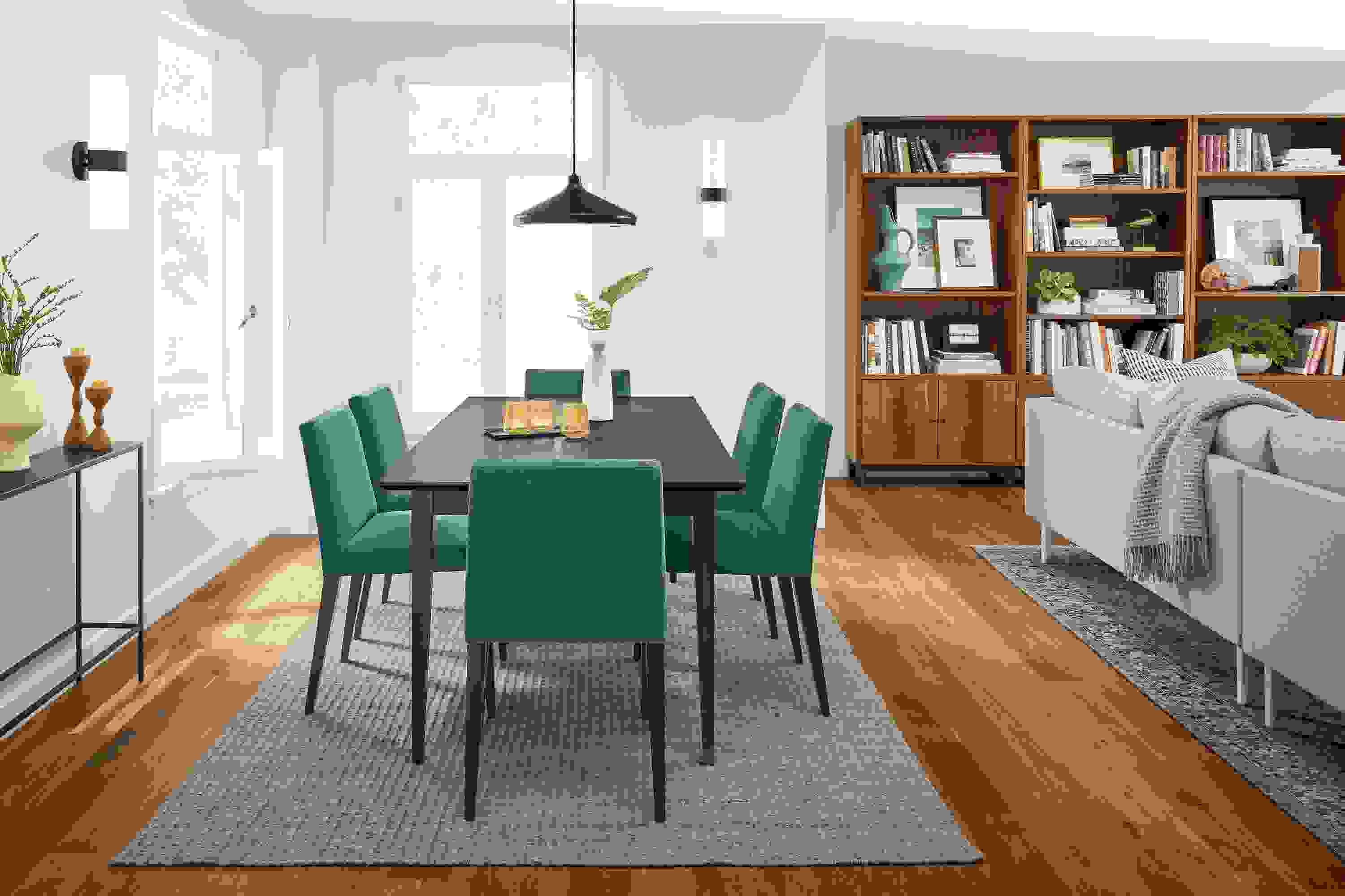 Adams extension table with blue chairs.