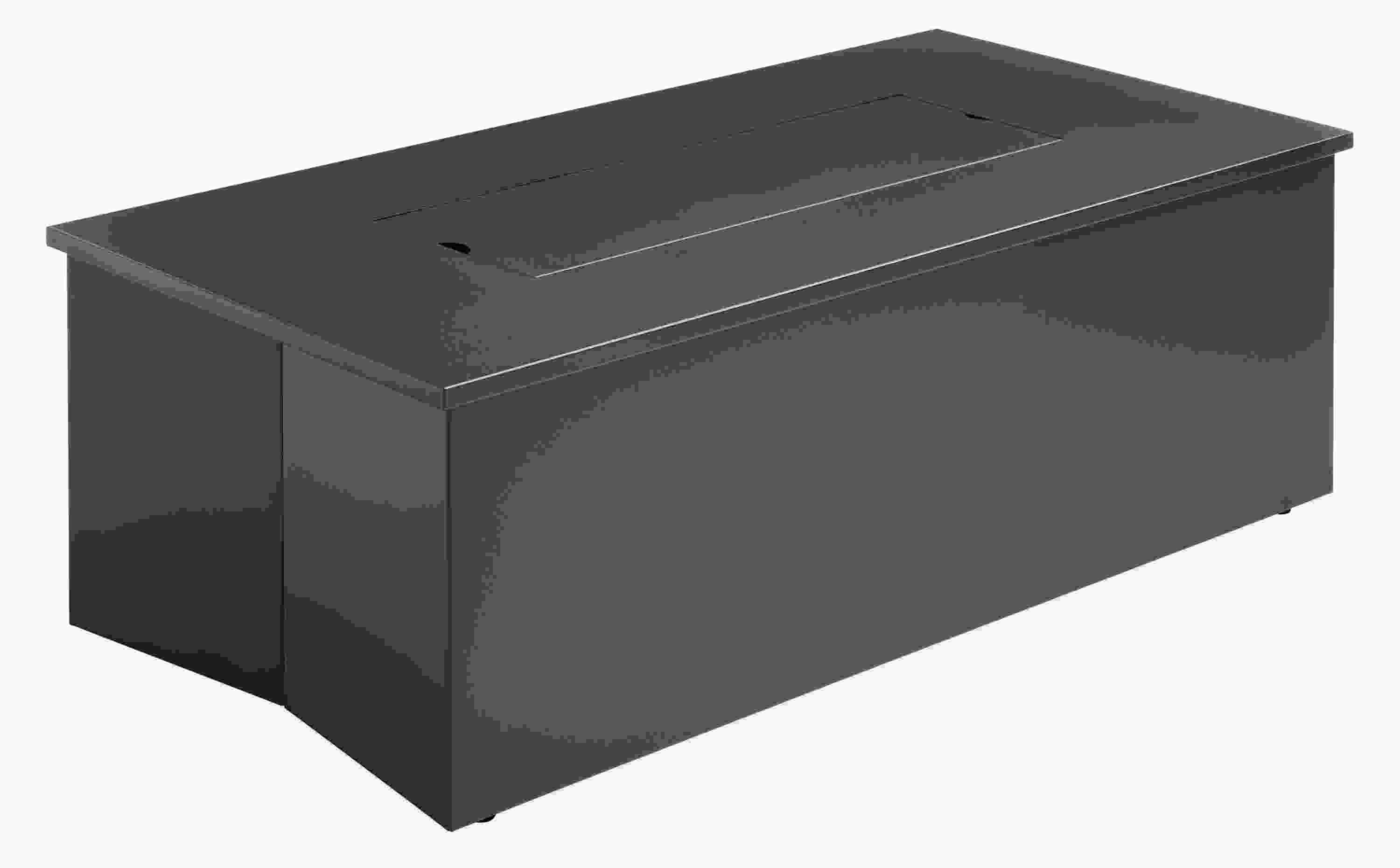 angled view of adara 61x31 outdoor fire table in graphite with cover on.